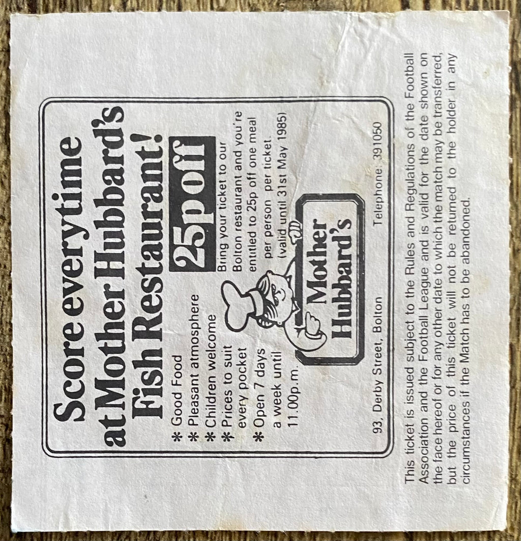 1984/85 ORIGINAL DIVISION 3 TICKET BOLTON WANDERERS V PLYMOUTH ARGYLE