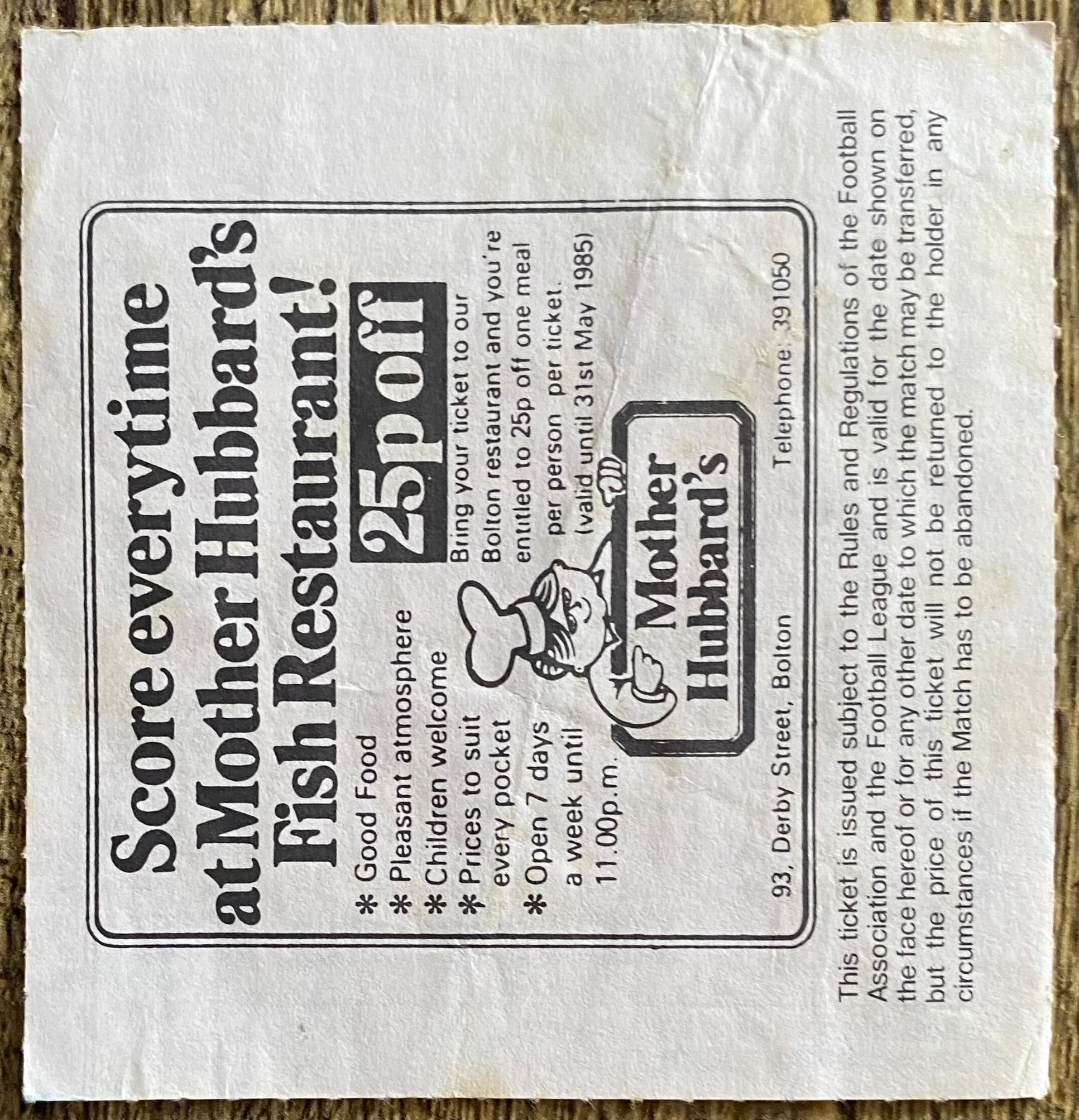 1984/85 ORIGINAL DIVISION 3 TICKET BOLTON WANDERERS V PLYMOUTH ARGYLE