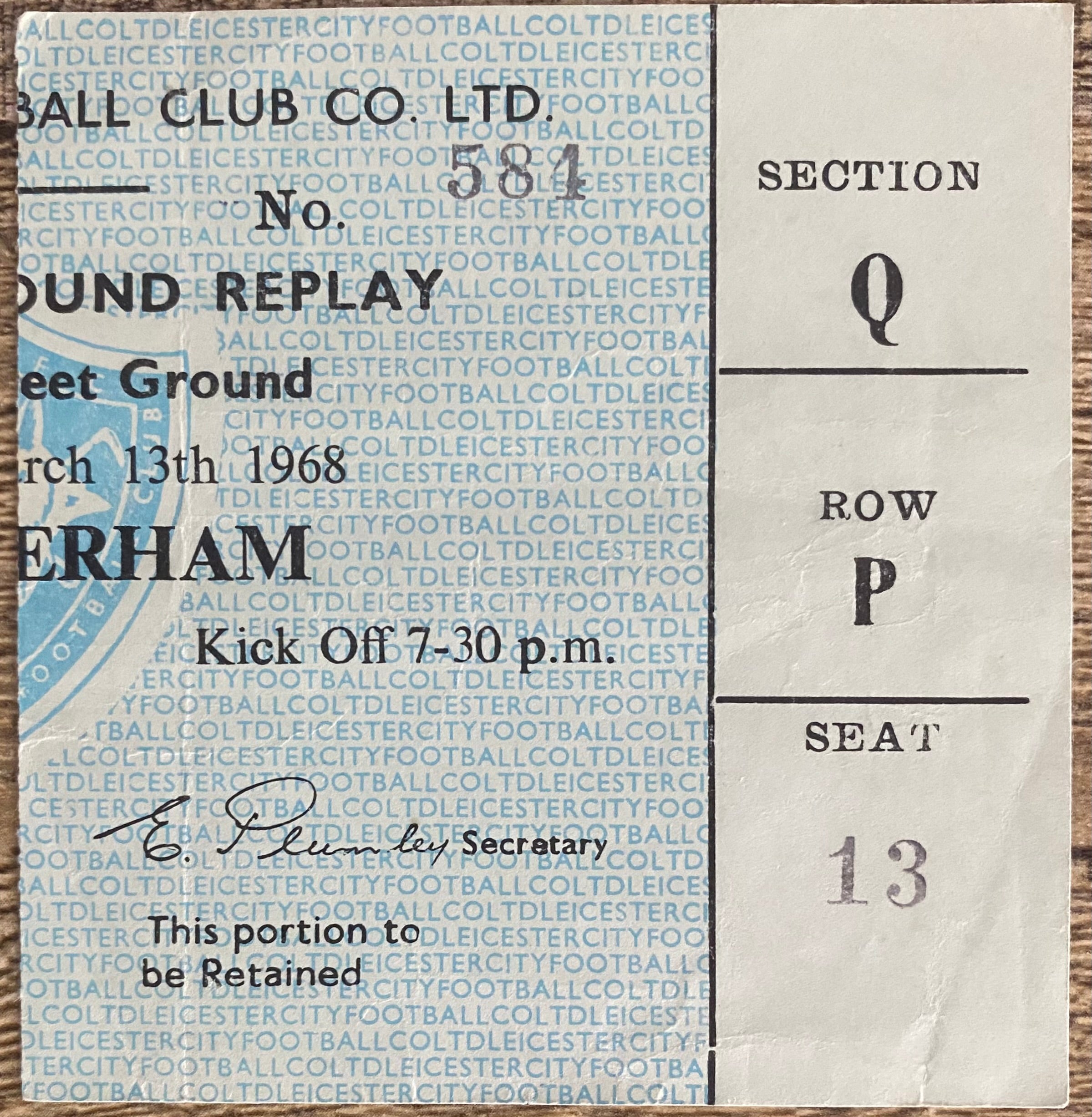 1967/68 ORIGINAL FA CUP 5TH ROUND REPLAY TICKET LEICESTER CITY V ROTHERHAM UNITED