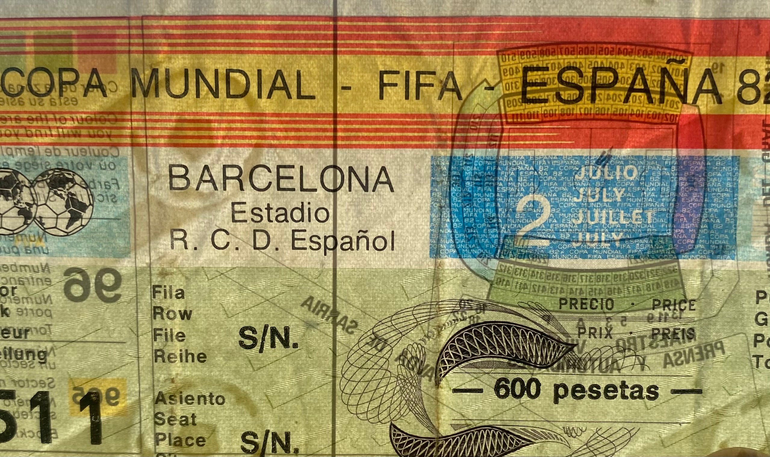 1982 ORIGINAL WORLD CUP 2ND PHASE TICKET ARGENTINA V BRAZIL @ BARCELONA