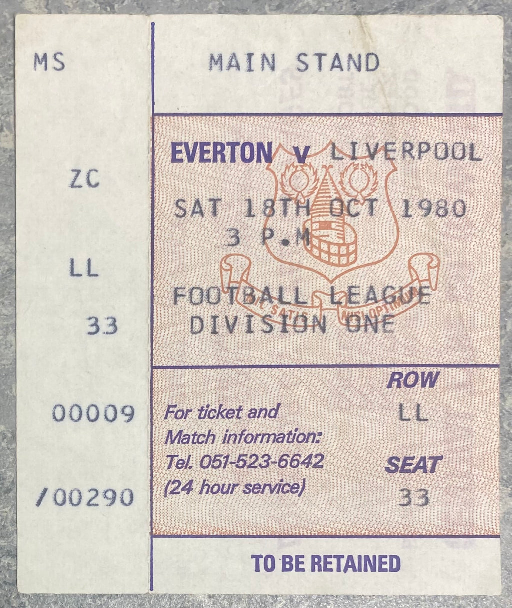 1980/81 ORIGINAL DIVISION ONE TICKET EVERTON V LIVERPOOL