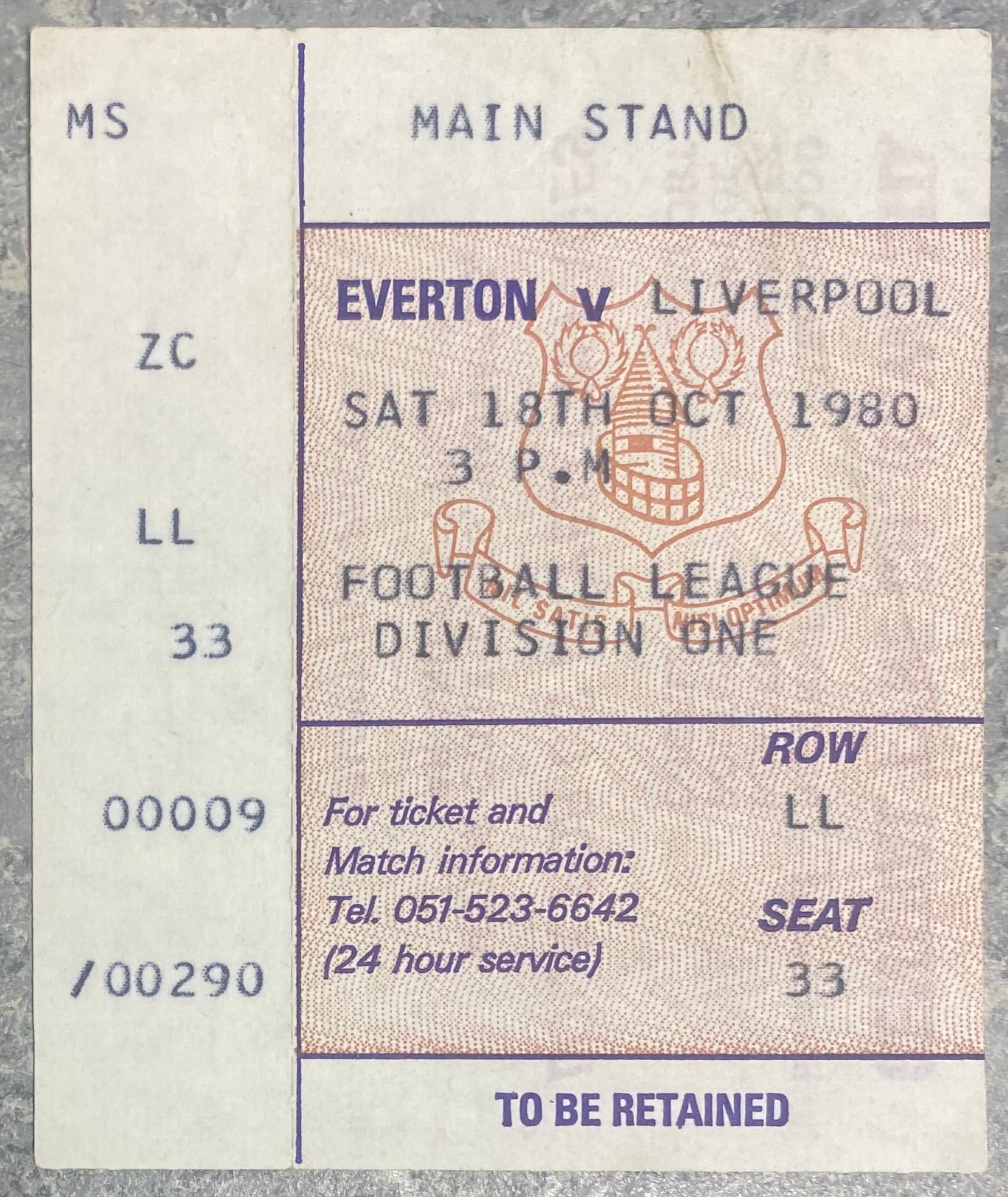 1980/81 ORIGINAL DIVISION ONE TICKET EVERTON V LIVERPOOL