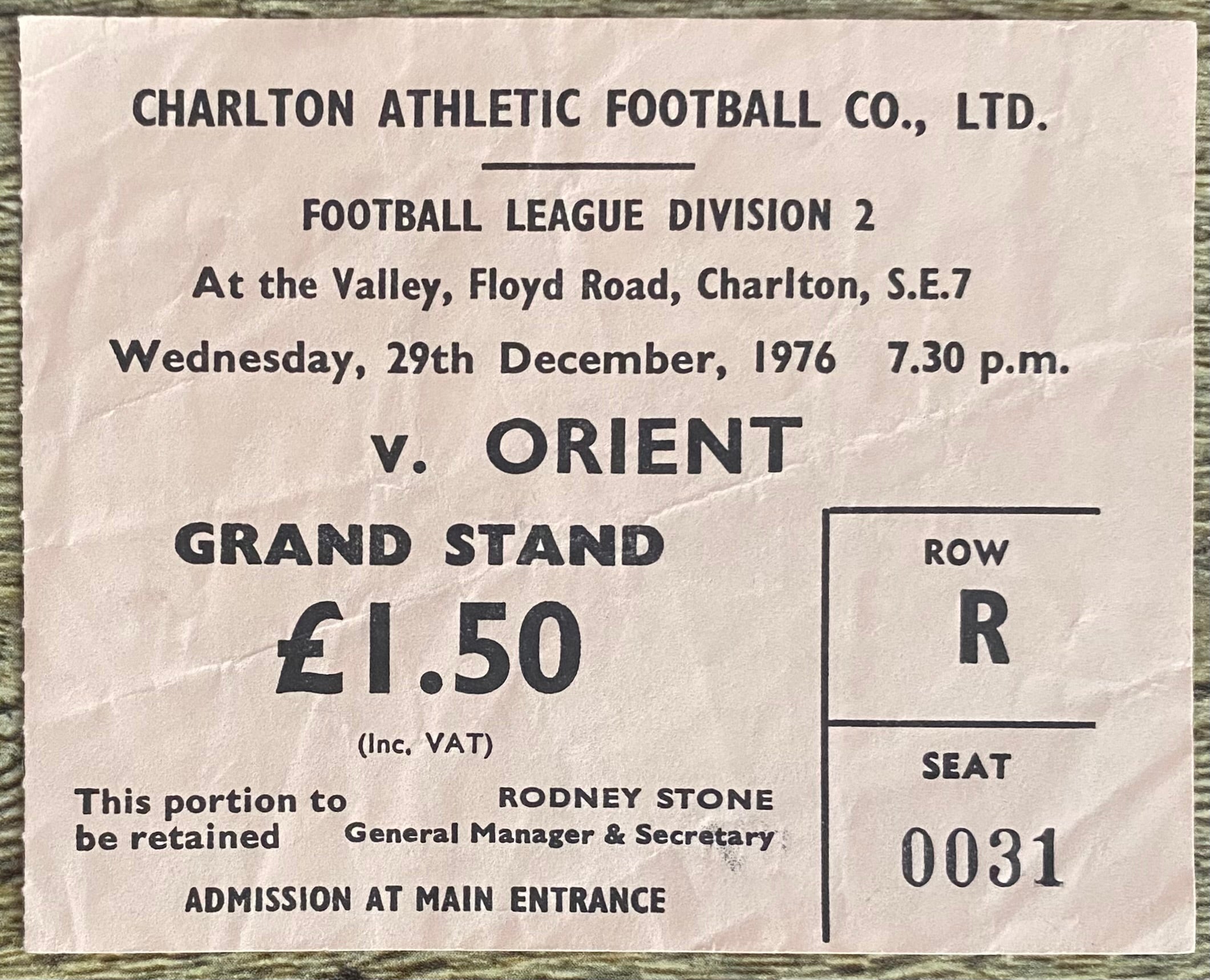 1976/77 ORIGINAL DIVISION 2 TICKET CHARLTON ATHLETIC V ORIENT