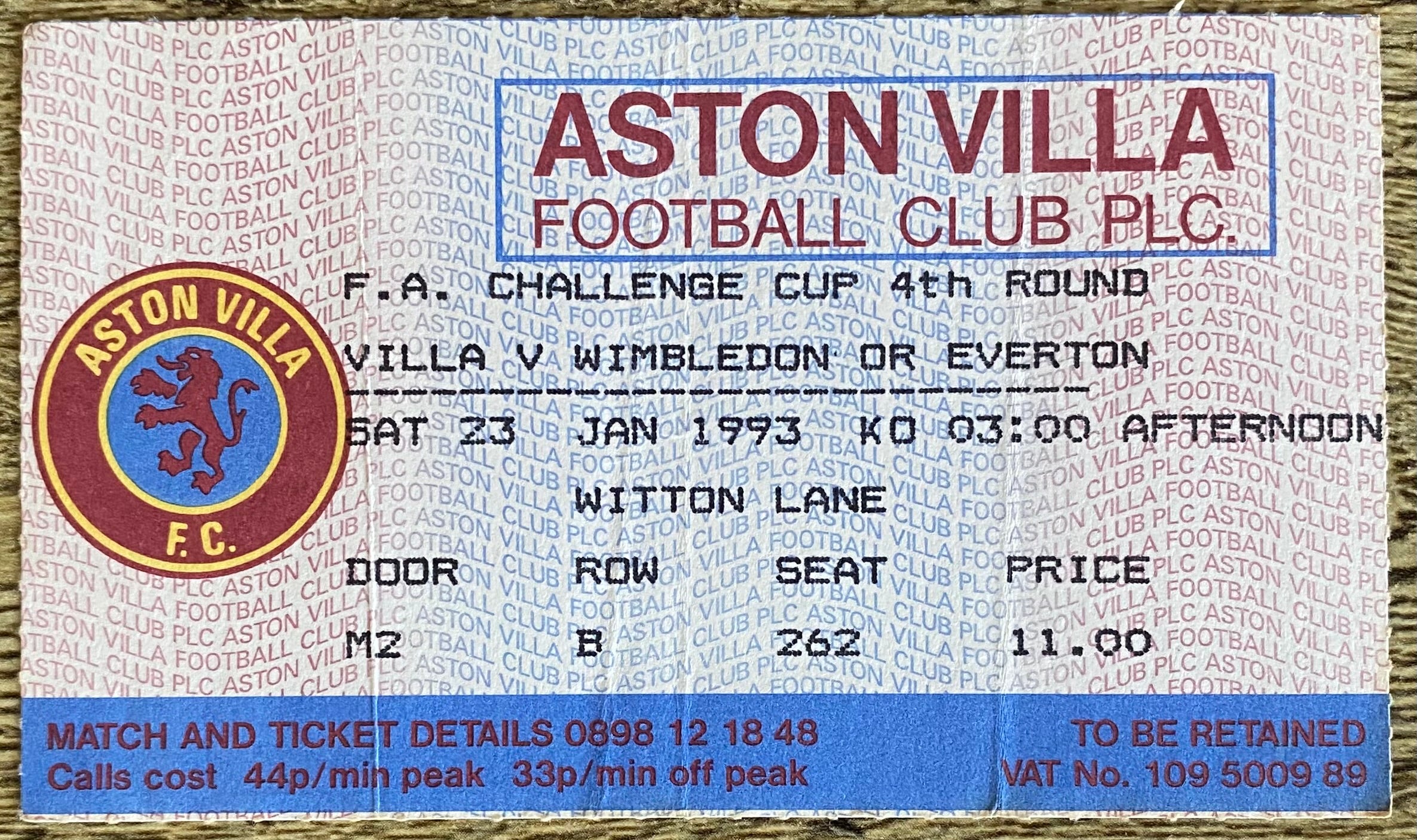 1992/93 ORIGINAL FA CUP 4TH ROUND TICKET ASTON VILLA V WIMBLEDON