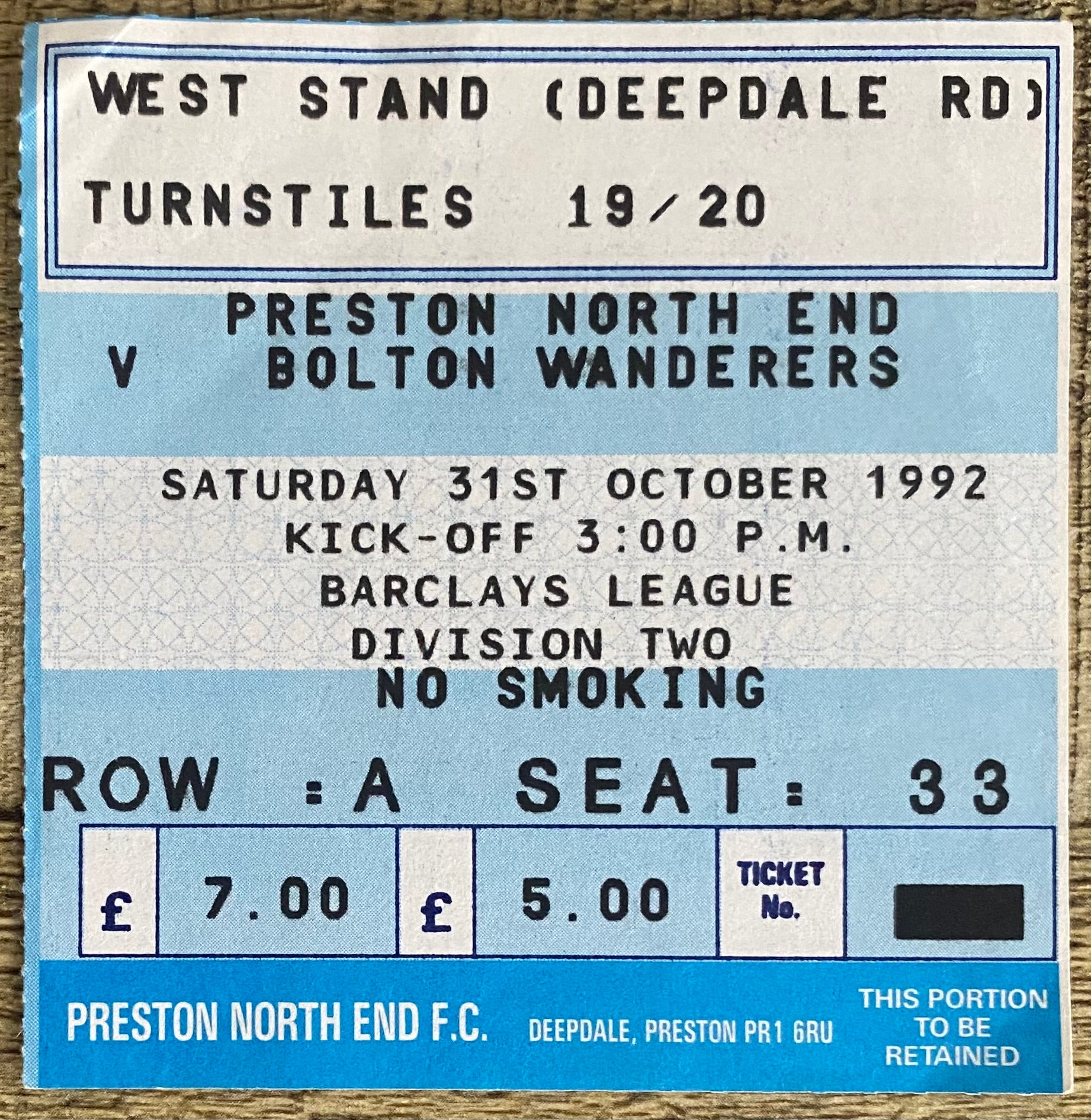 1992/93 ORIGINAL DIVISION 2 TICKET PRESTON NORTH END V BOLTON WANDERERS