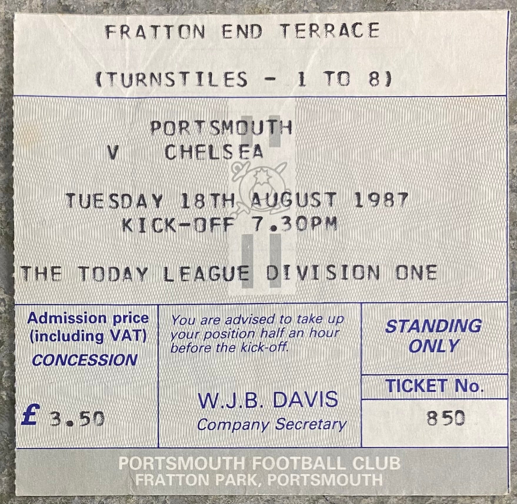 1987/88 ORIGINAL DIVISION 1 TICKET PORTSMOUTH V CHELSEA