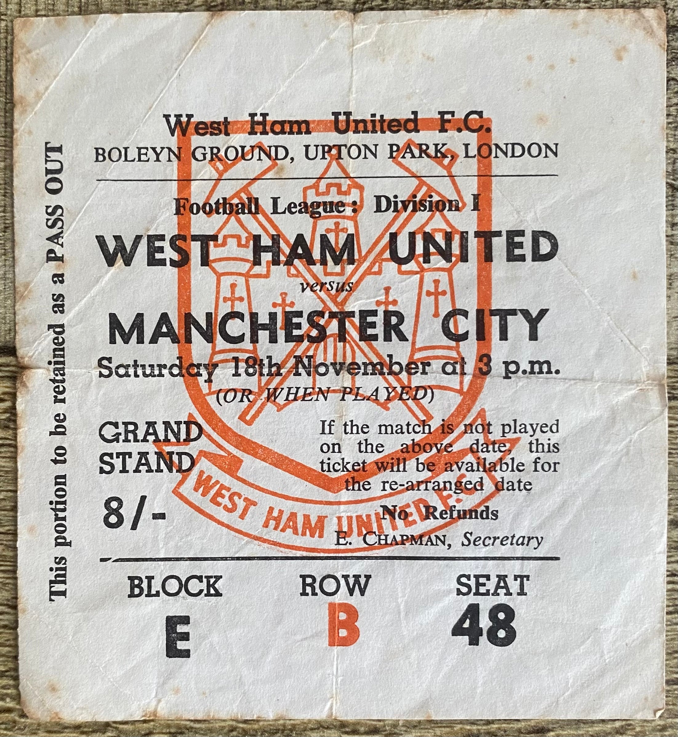 1967/68 ORIGINAL DIVISION 1 TICKET WEST HAM UNITED V MANCHESTER CITY
