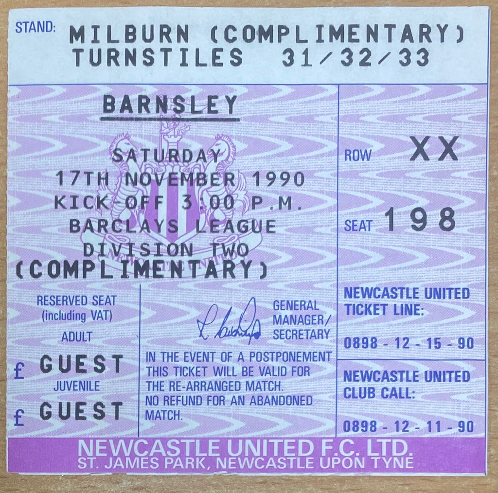 1990/91 ORIGINAL DIVISION 2 TICKET NEWCASTLE UNITED V BARNSLEY