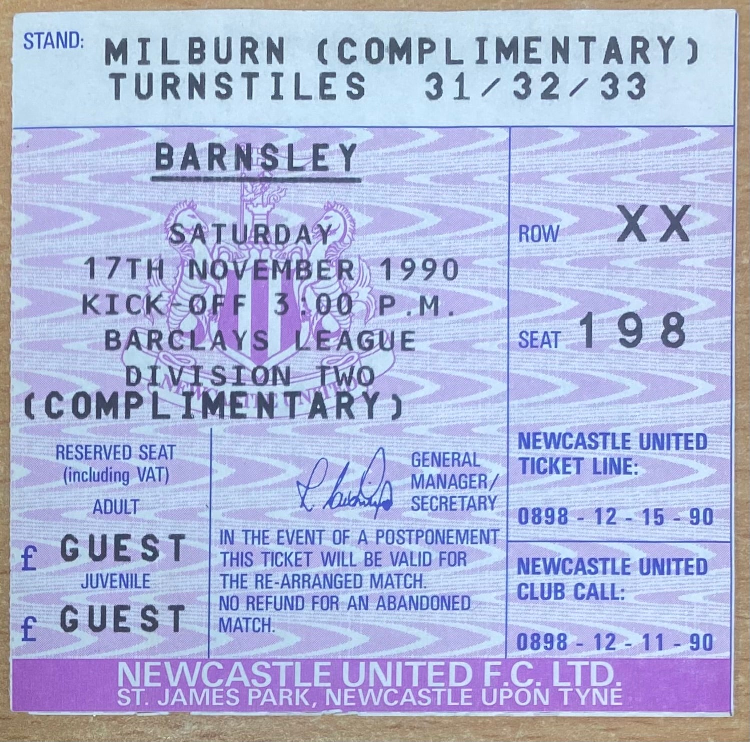 1990/91 ORIGINAL DIVISION 2 TICKET NEWCASTLE UNITED V BARNSLEY