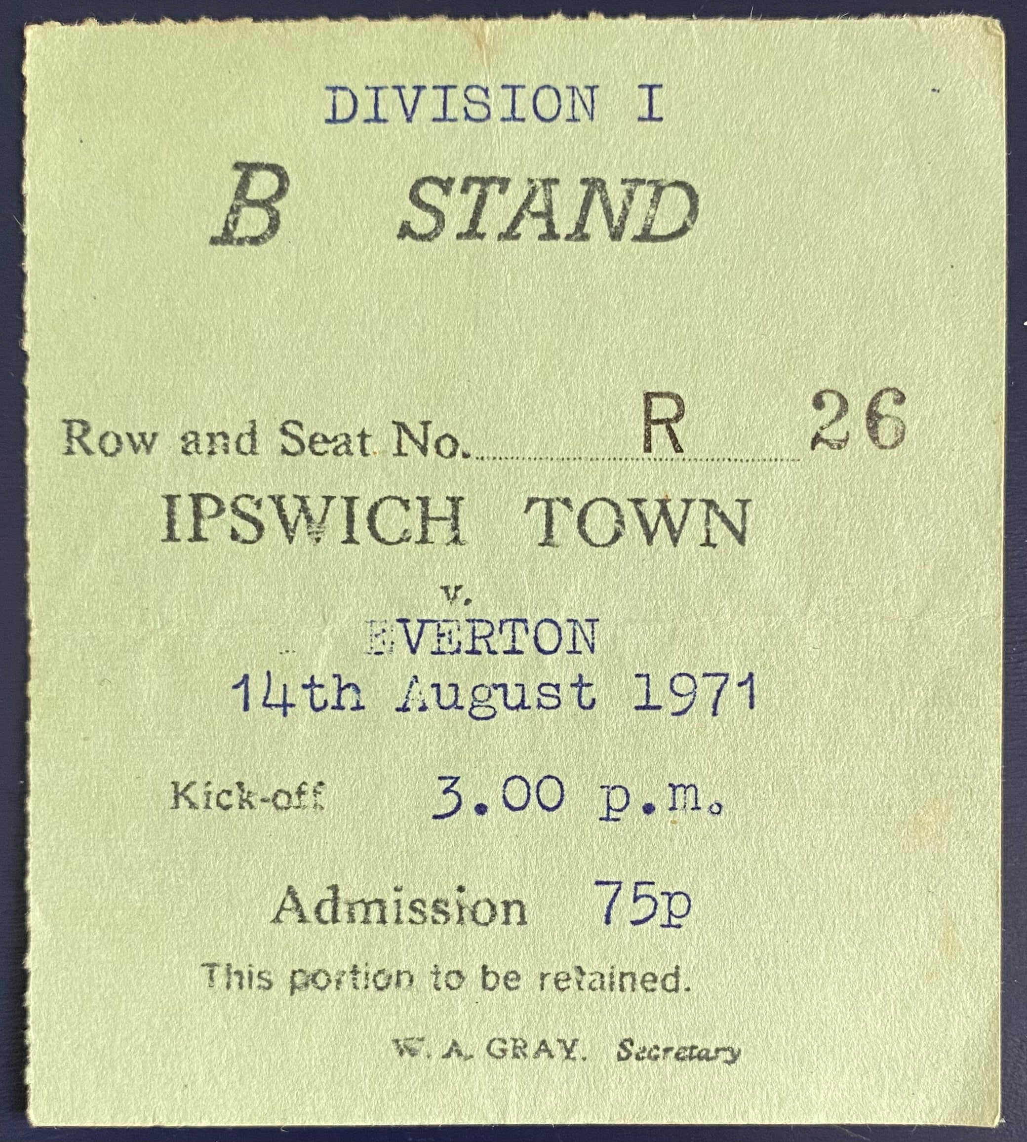 1971/72 ORIGINAL DIVISION 1 TICKET IPSWICH TOWN V EVERTON
