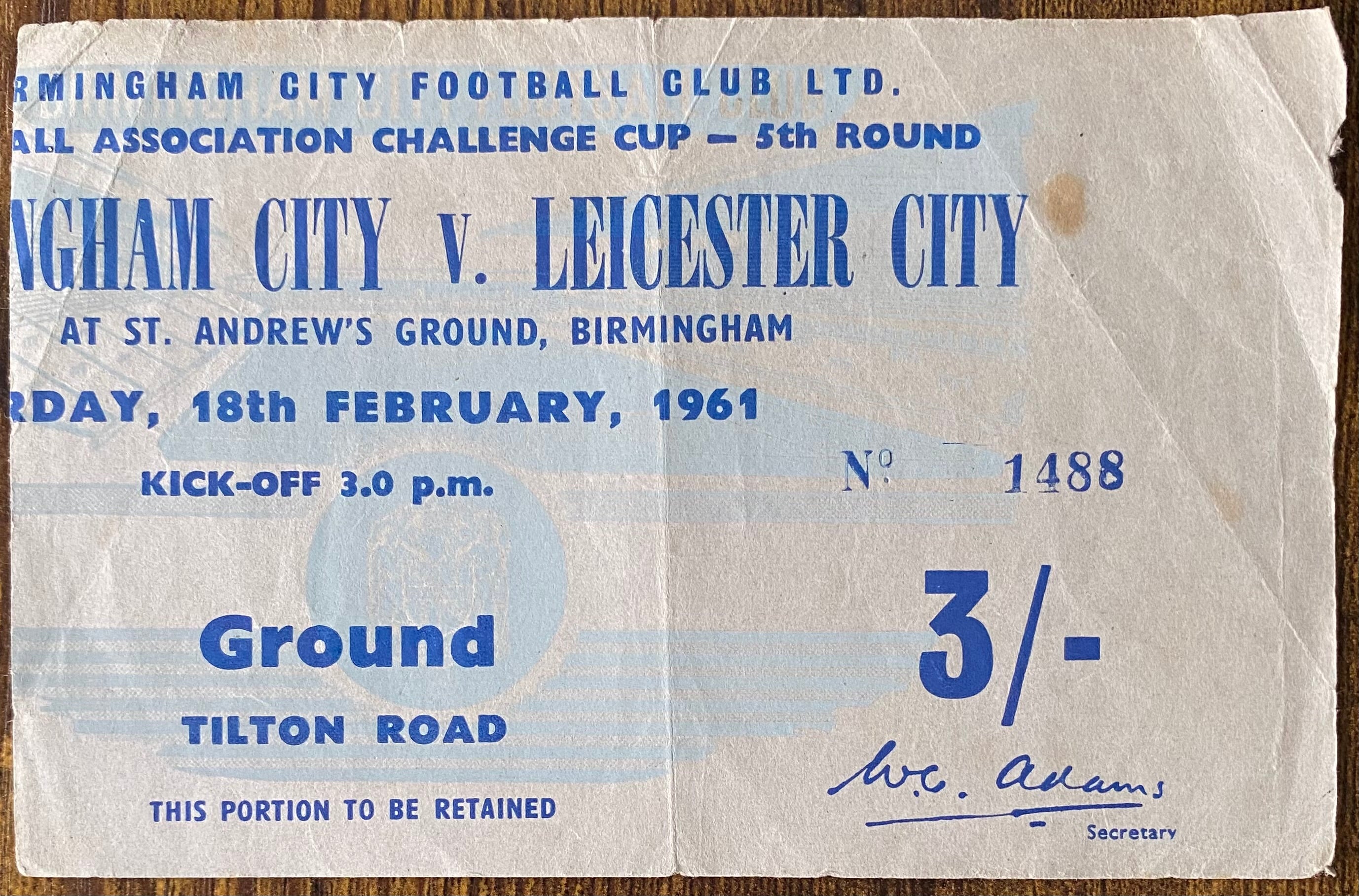1960/61 ORIGINAL FA CUP 5TH ROUND TICKET BIRMINGHAM CITY V LEICESTER CITY