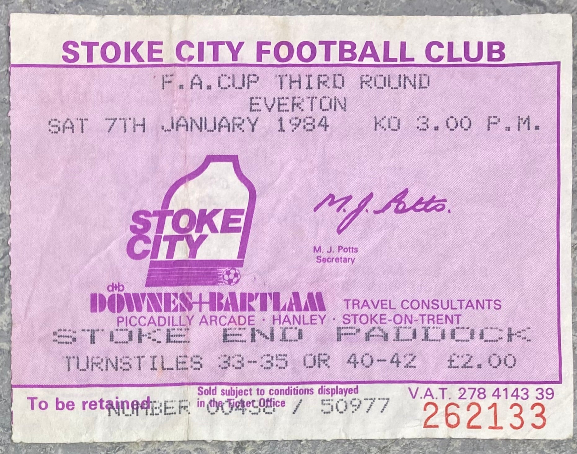 1983/84 ORIGINAL FA CUP 3RD ROUND TICKET STOKE CITY V EVERTON