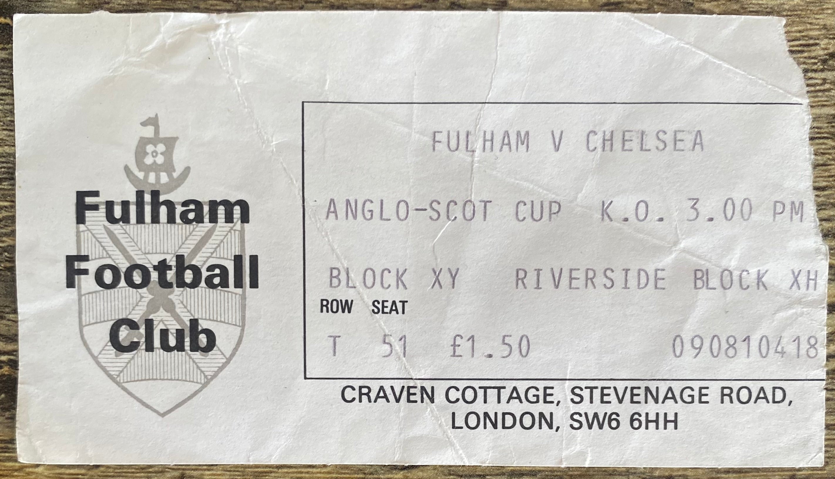 1976/77 ORIGINAL ANGLO SCOTTISH CUP TICKET FULHAM V CHELSEA