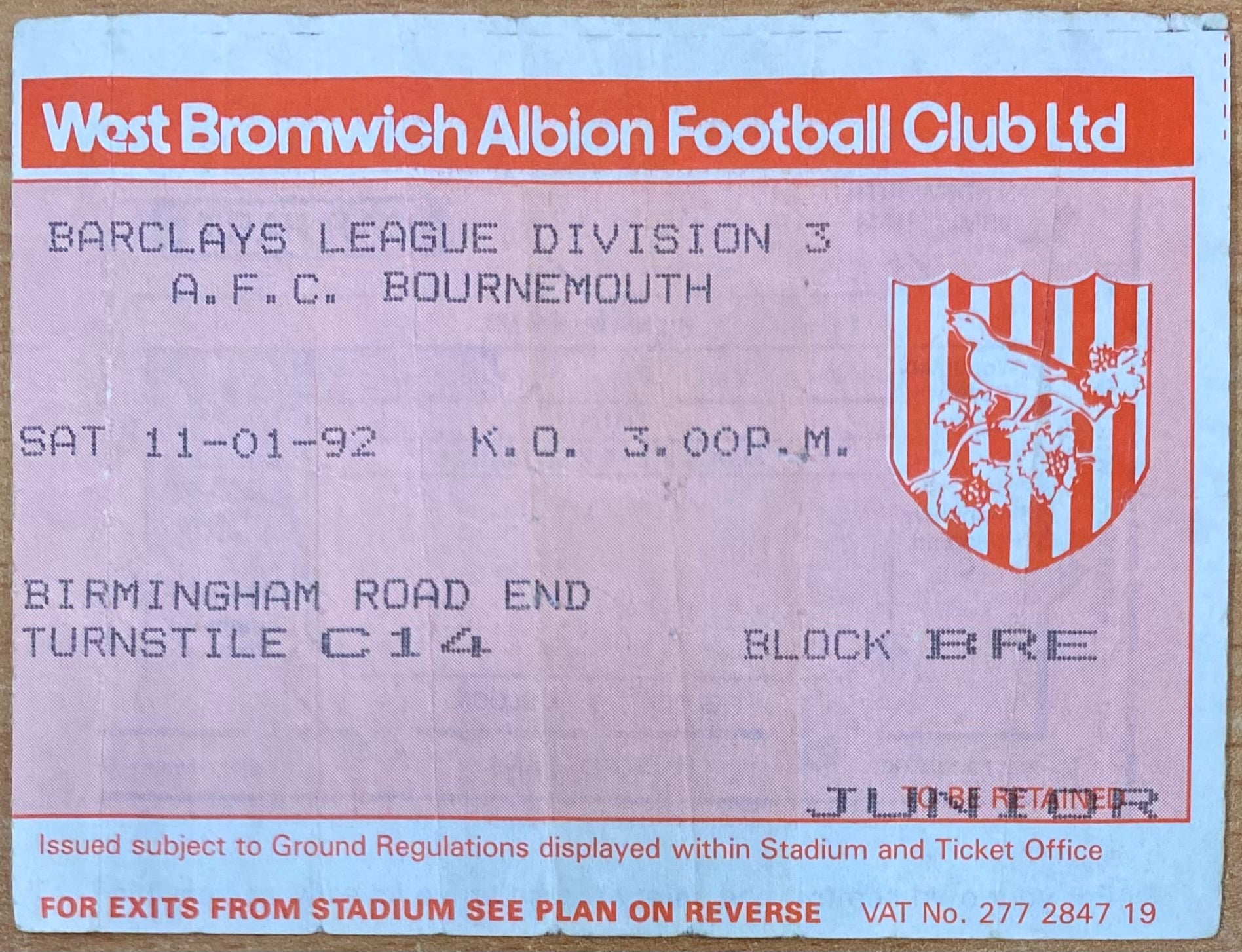 1991/92 ORIGINAL DIVISION 3 TICKET WEST BROMWICH ALBION V AFC BOURNEMOUTH
