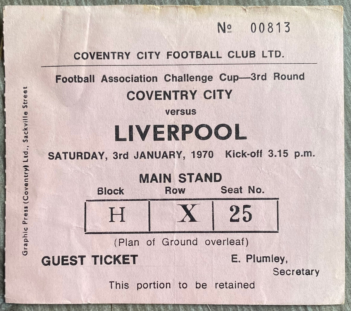 1969/70 ORIGINAL FA CUP 3RD ROUND TICKET COVENTRY CITY V LIVERPOOL