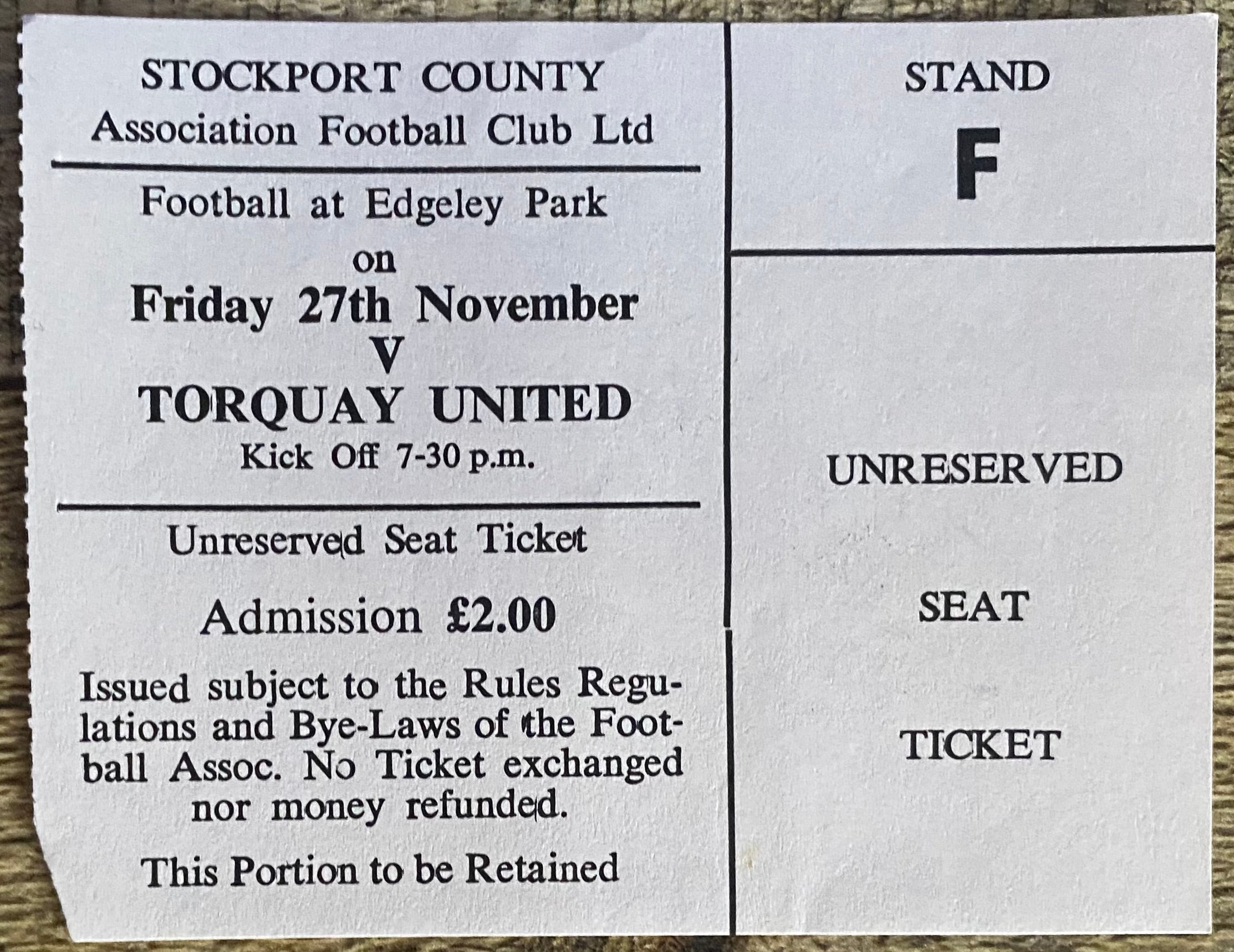 1981/82 ORIGINAL DIVISION 4 TICKET STOCKPORT COUNTY V TORQUAY UNITED