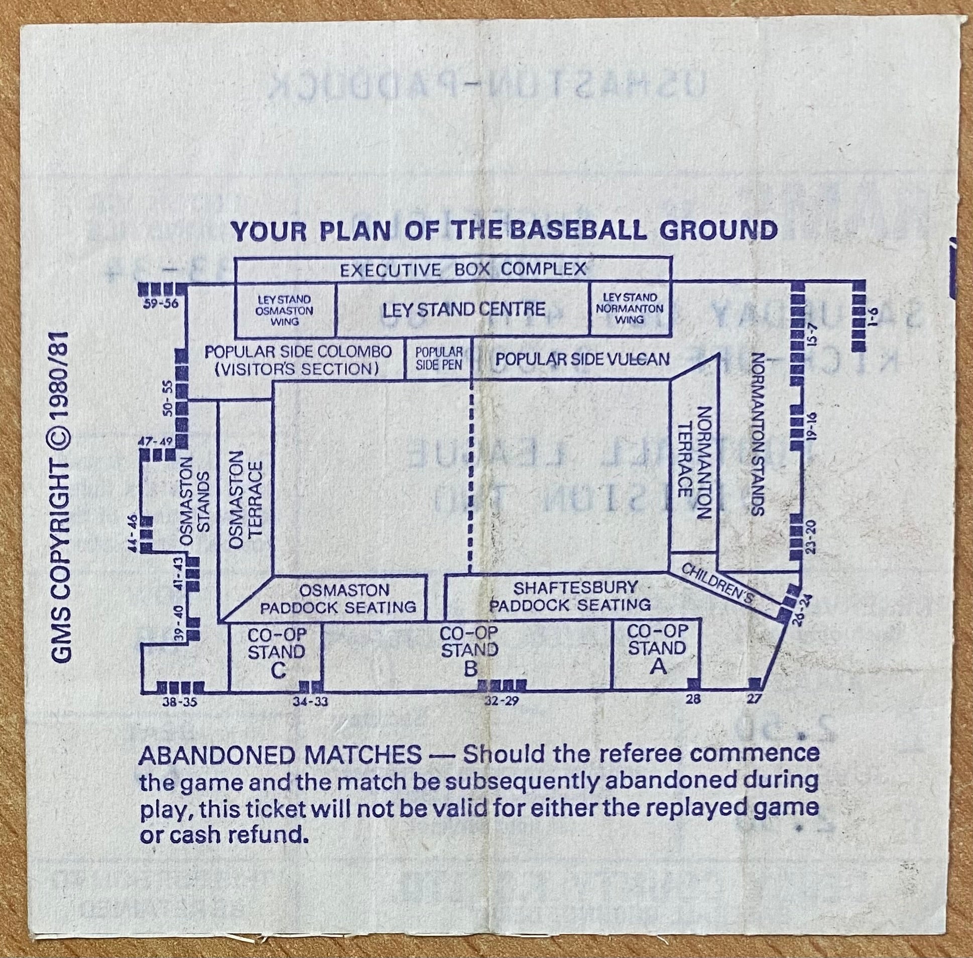 1980/81 ORIGINAL DIVISION 2 TICKET DERBY COUNTY V SHEFFIELD WEDNESDAY