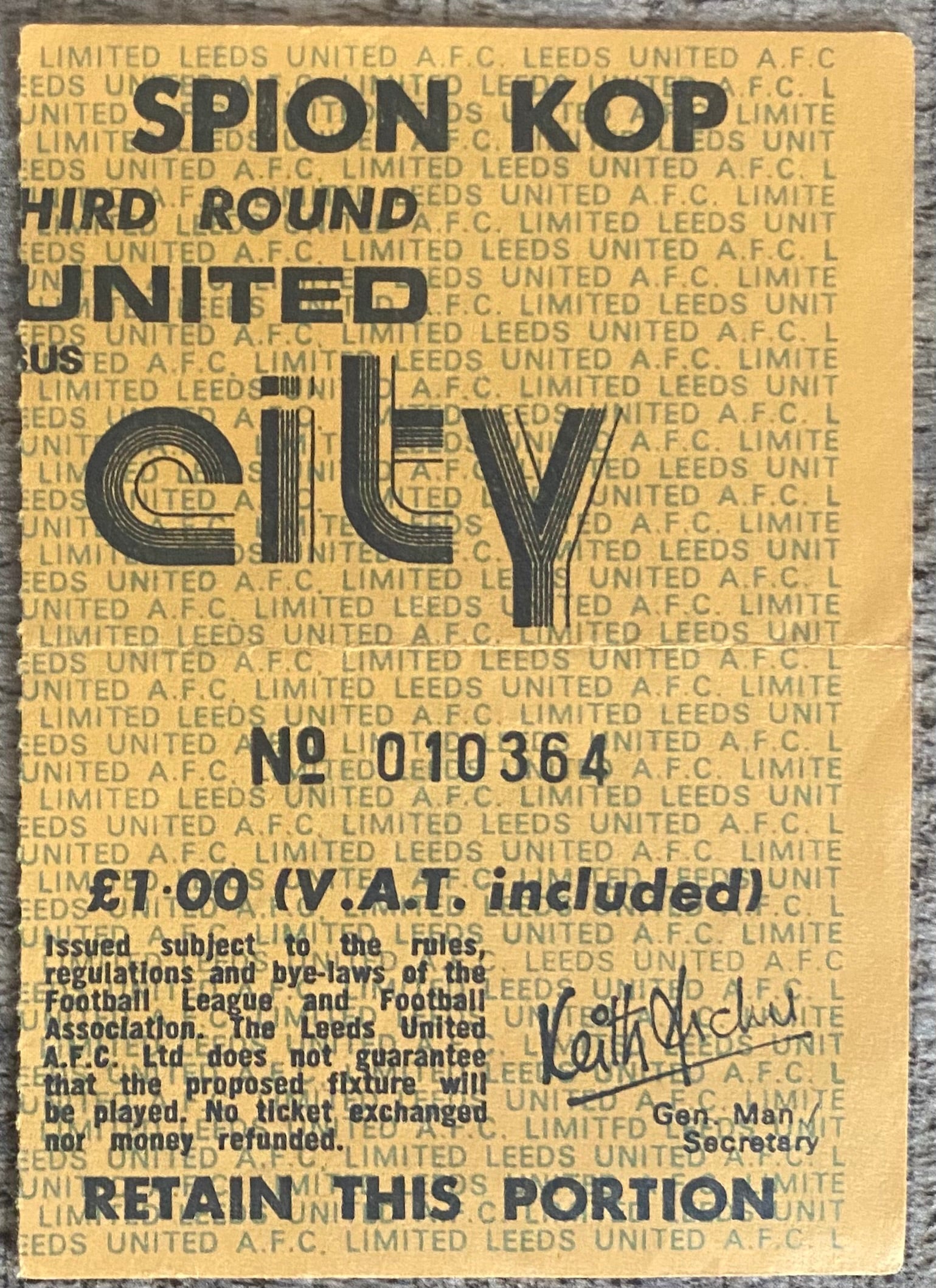 1977/78 ORIGINAL FA CUP 3RD ROUND TICKET LEEDS UNITED V MANCHESTER CITY