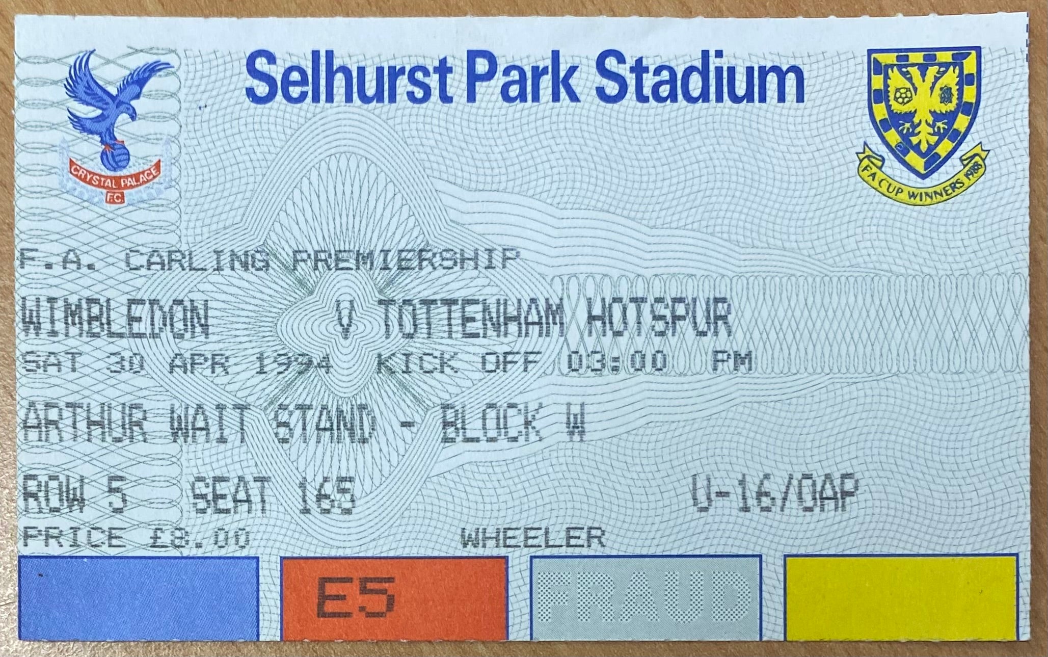 1993/94 ORIGINAL FA PREMIERSHIP TICKET WIMBLEDON V TOTTENHAM HOTSPUR