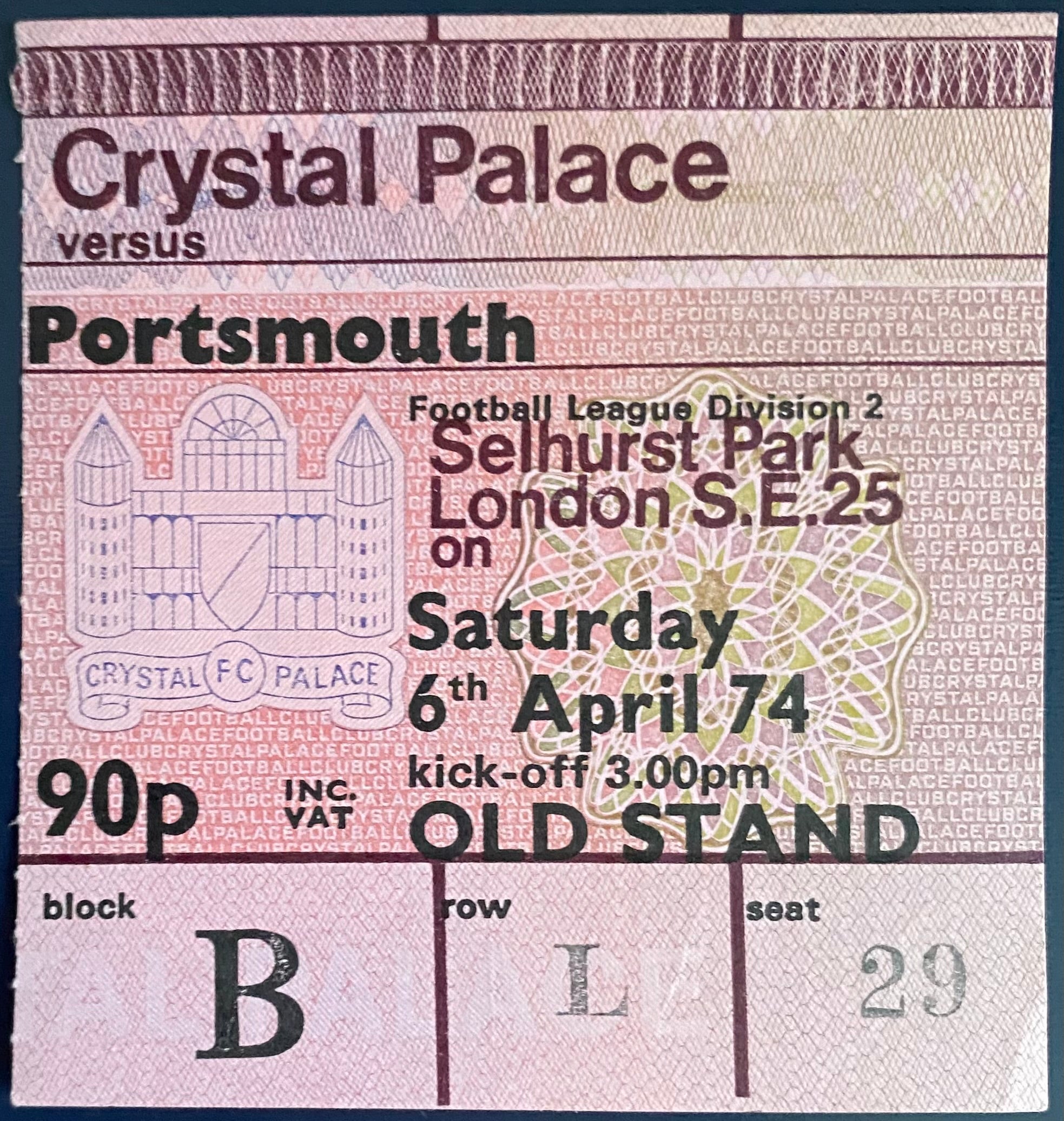 1973/74 ORIGINAL DIVISION 2 TICKET CRYSTAL PALACE V PORTSMOUTH
