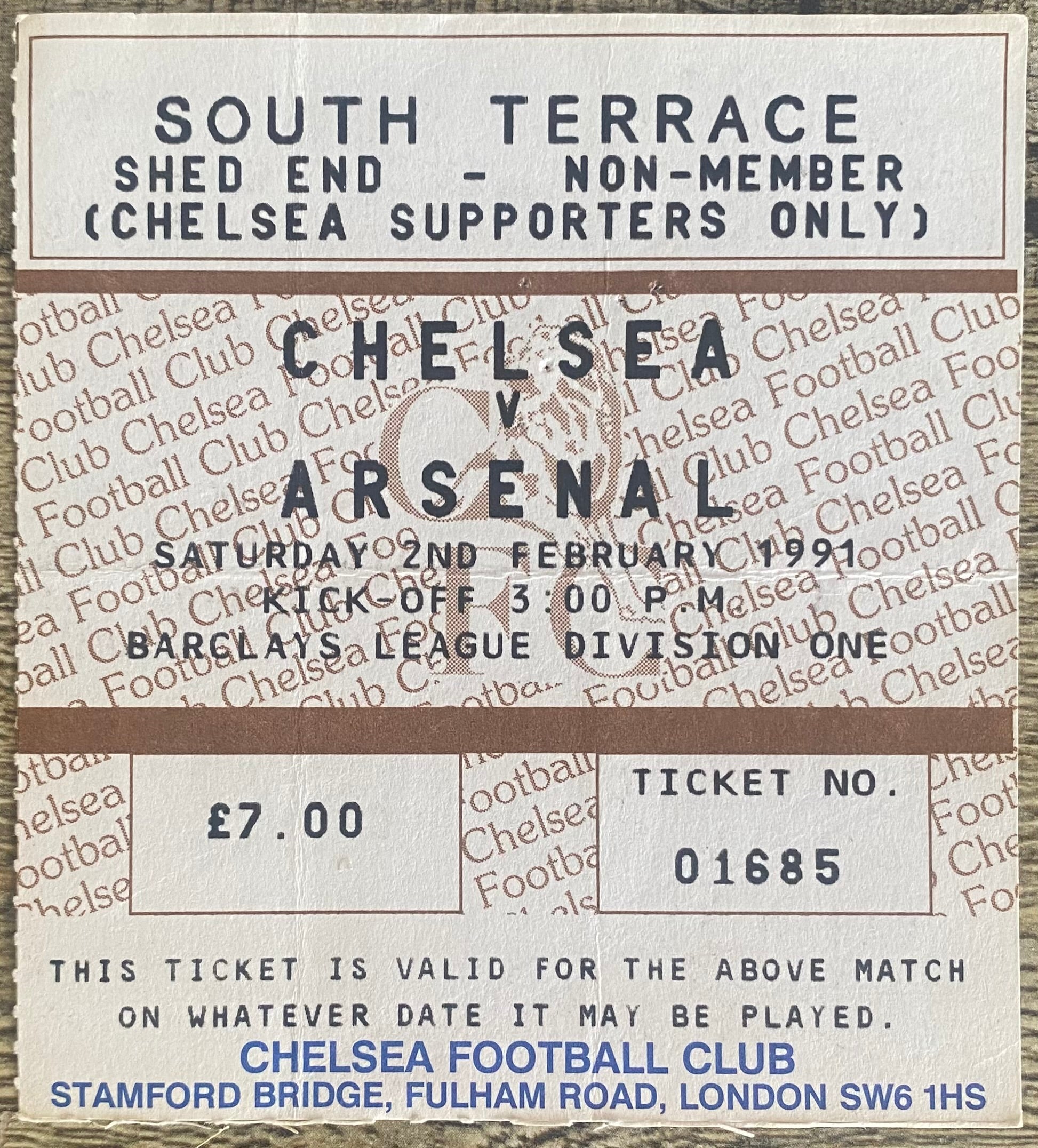 1990/91 ORIGINAL DIVISION 1 TICKET CHELSEA V ARSENAL