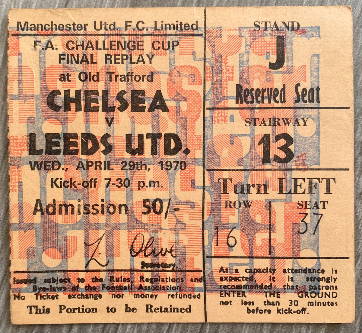 1970 ORIGINAL FA CUP FINAL REPLAY TICKET CHELSEA V LEEDS UNITED @ OLD TRAFFORD