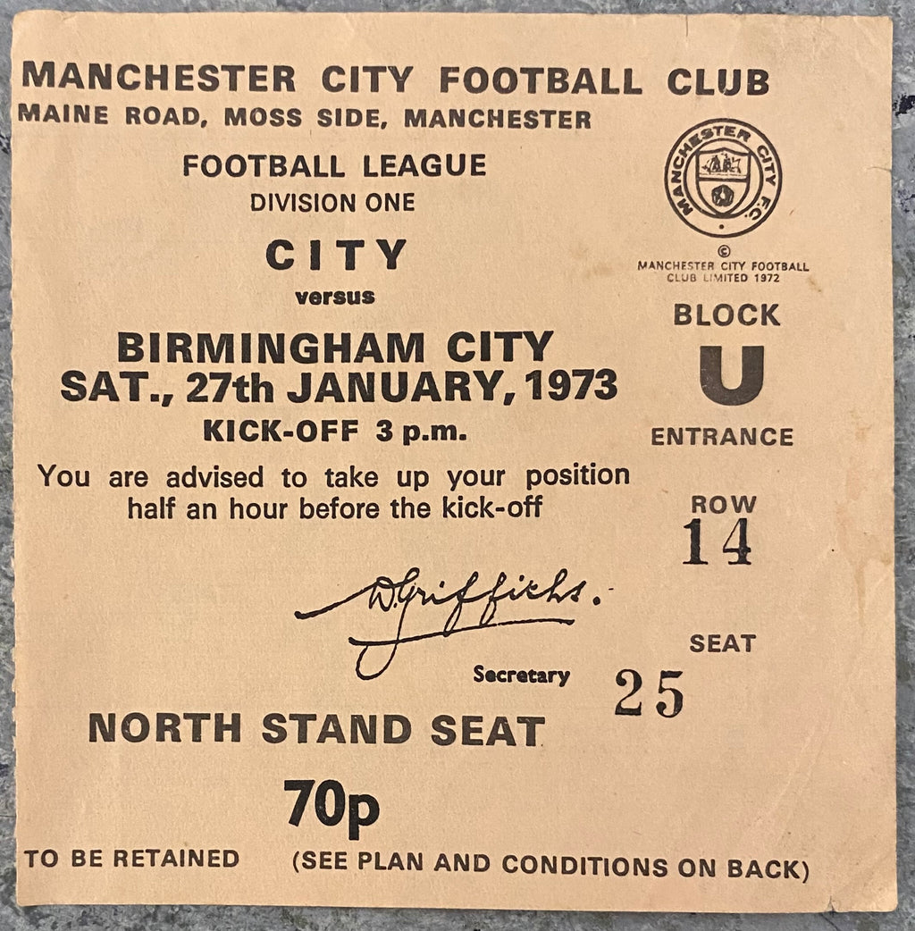 1972/73 ORIGINAL DIVISION 1 TICKET MANCHESTER CITY V BIRMINGHAM CITY