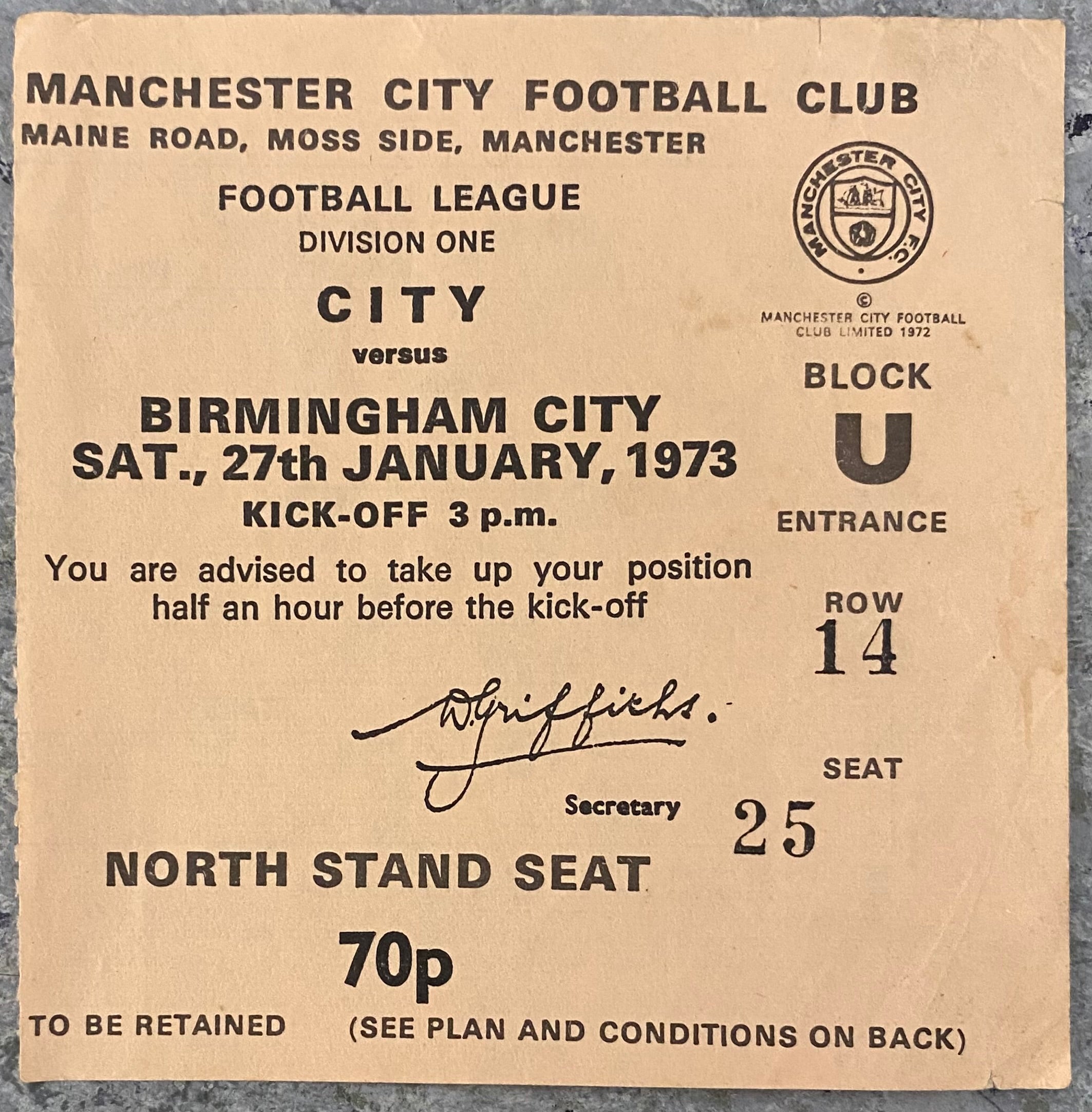 1972/73 ORIGINAL DIVISION 1 TICKET MANCHESTER CITY V BIRMINGHAM CITY