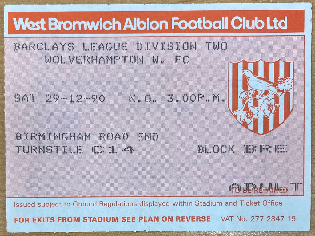 1990/91 ORIGINAL DIVISION 2 TICKET WEST BROMWICH ALBION V WOLVERHAMPTON WANDERERS