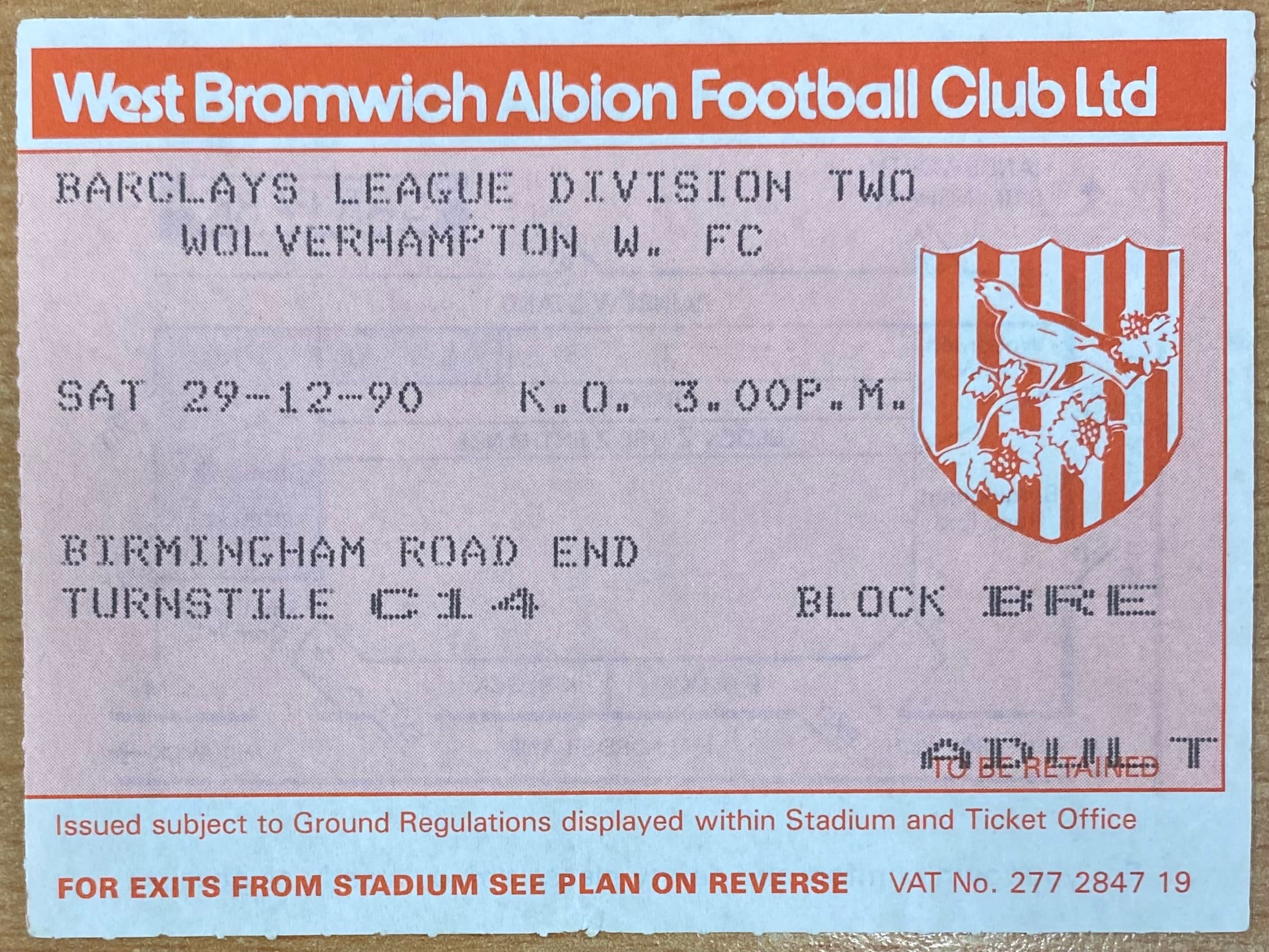 1990/91 ORIGINAL DIVISION 2 TICKET WEST BROMWICH ALBION V WOLVERHAMPTON WANDERERS