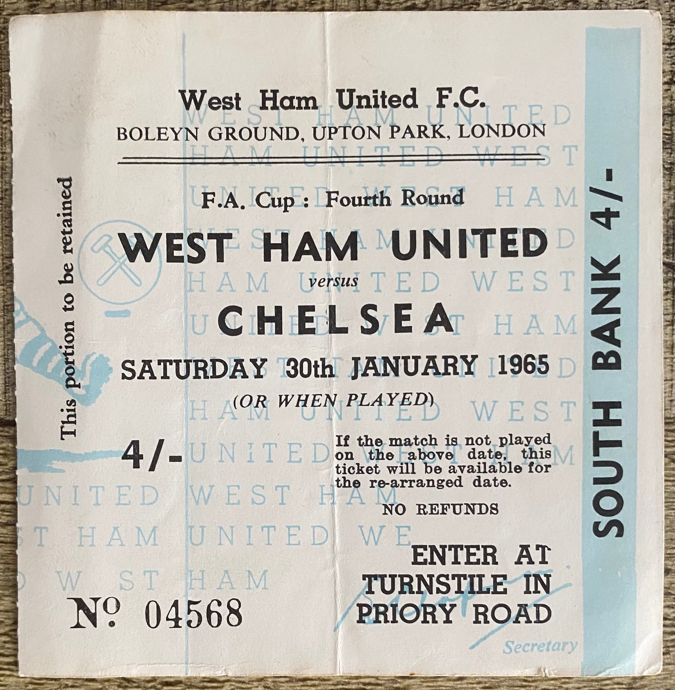 1964/65 ORIGINAL FA CUP 4TH ROUND TICKET WEST HAM UNITED V CHELSEA