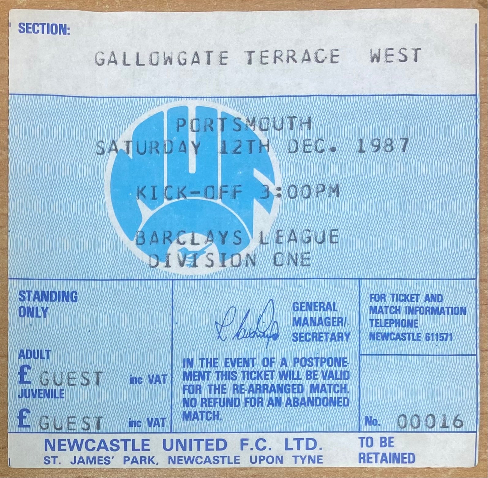 1987/88 ORIGINAL DIVISION 1 TICKET NEWCASTLE UNITED V PORTSMOUTH