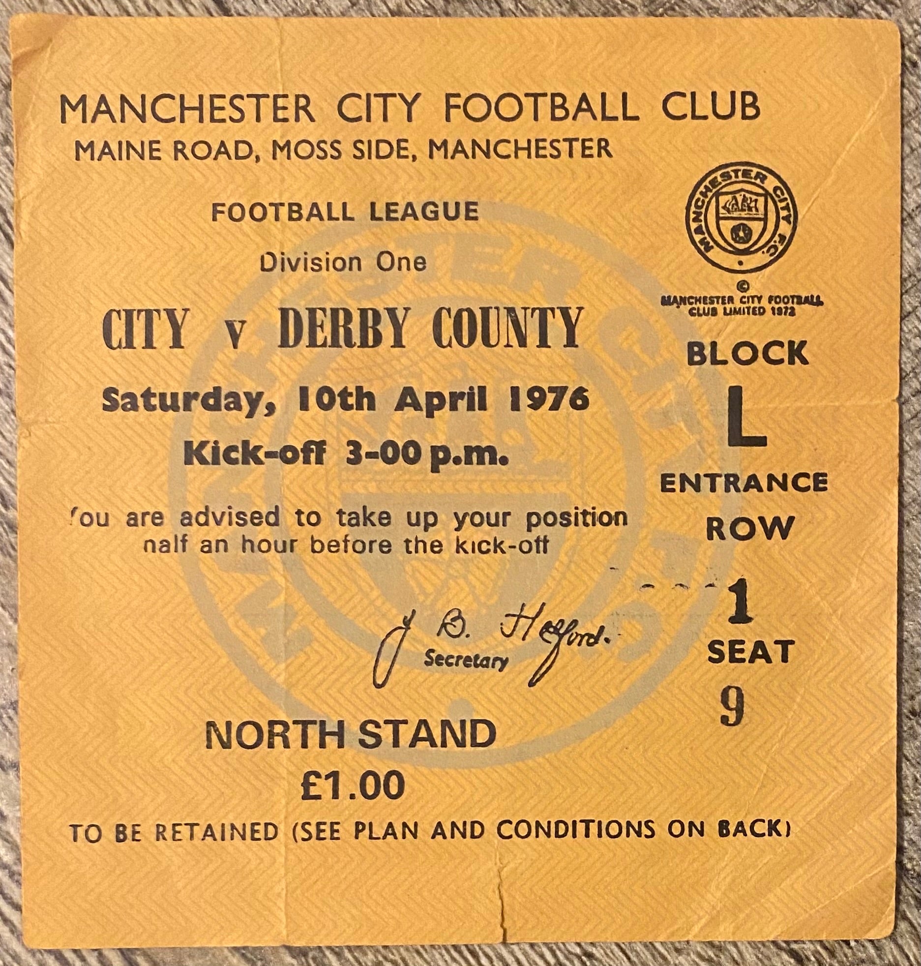 1975/76 ORIGINAL DIVISION 1 TICKET MANCHESTER CITY V DERBY COUNTY
