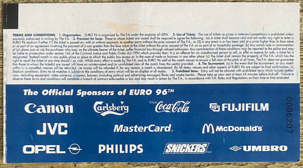 1996 ORIGINAL EUROPEAN CHAMPIONSHIPS EURO 96 TICKET SCOTLAND V NETHERLANDS @ VILLA PARK