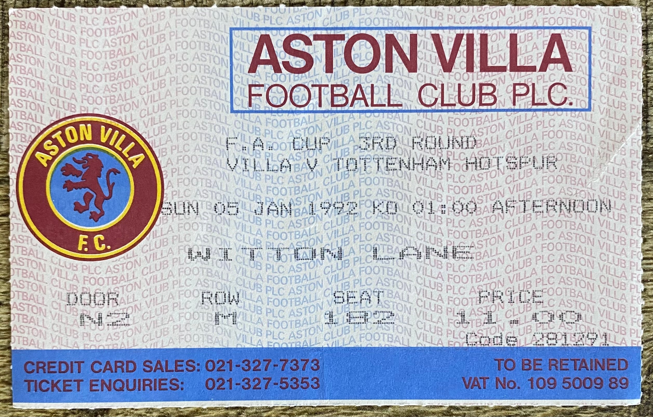 1991/92 ORIGINAL FA CUP 3RD ROUND TICKET ASTON VILLA V TOTTENHAM HOTSPUR