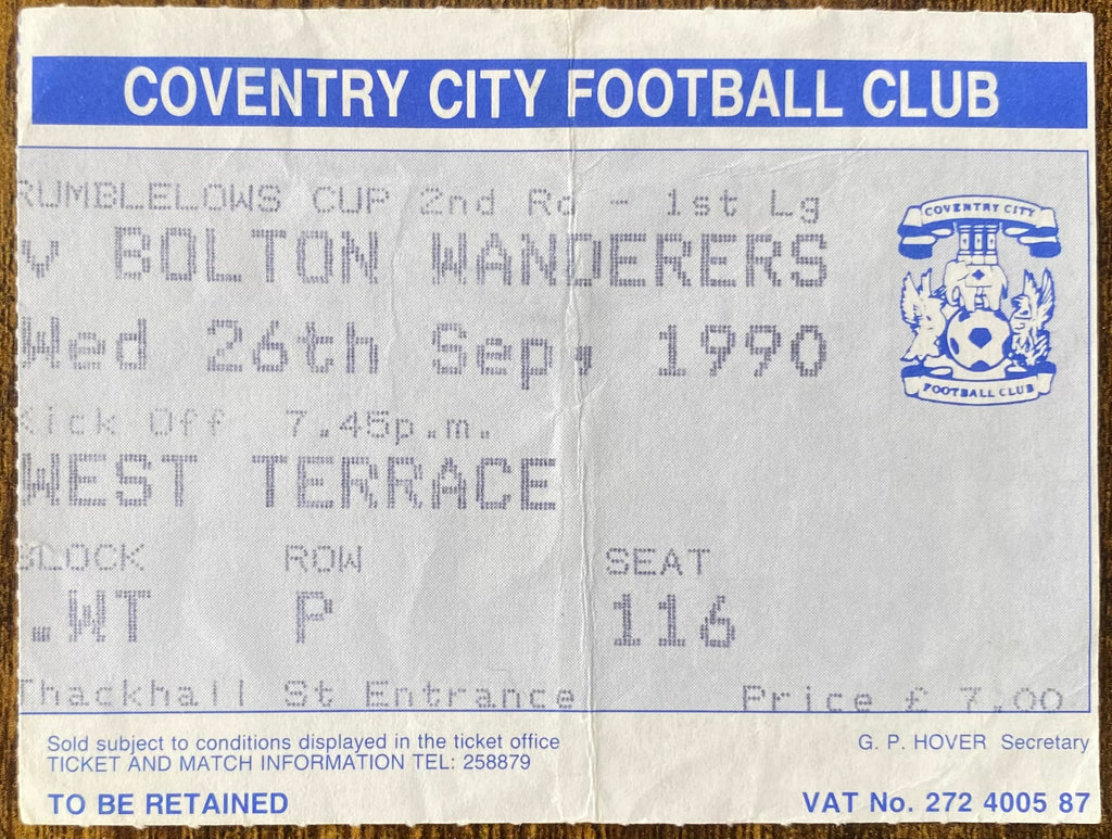 1990/91 ORIGINAL RUMBELOWS CUP 2ND ROUND 1ST LEG TICKET COVENTRY CITY V BOLTON WANDERERS