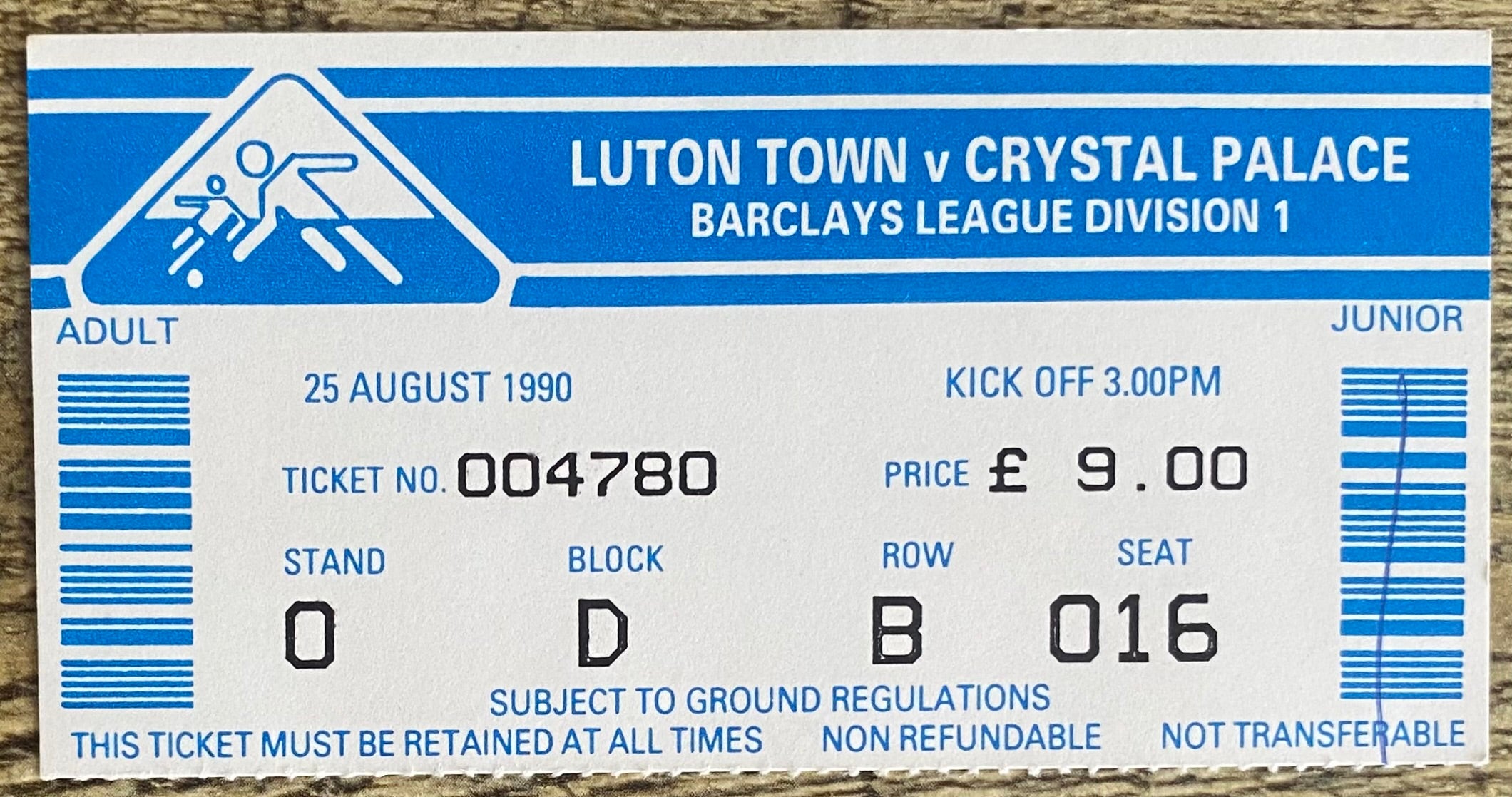 1990/91 ORIGINAL DIVISION ONE TICKET LUTON TOWN V CRYSTAL PALACE