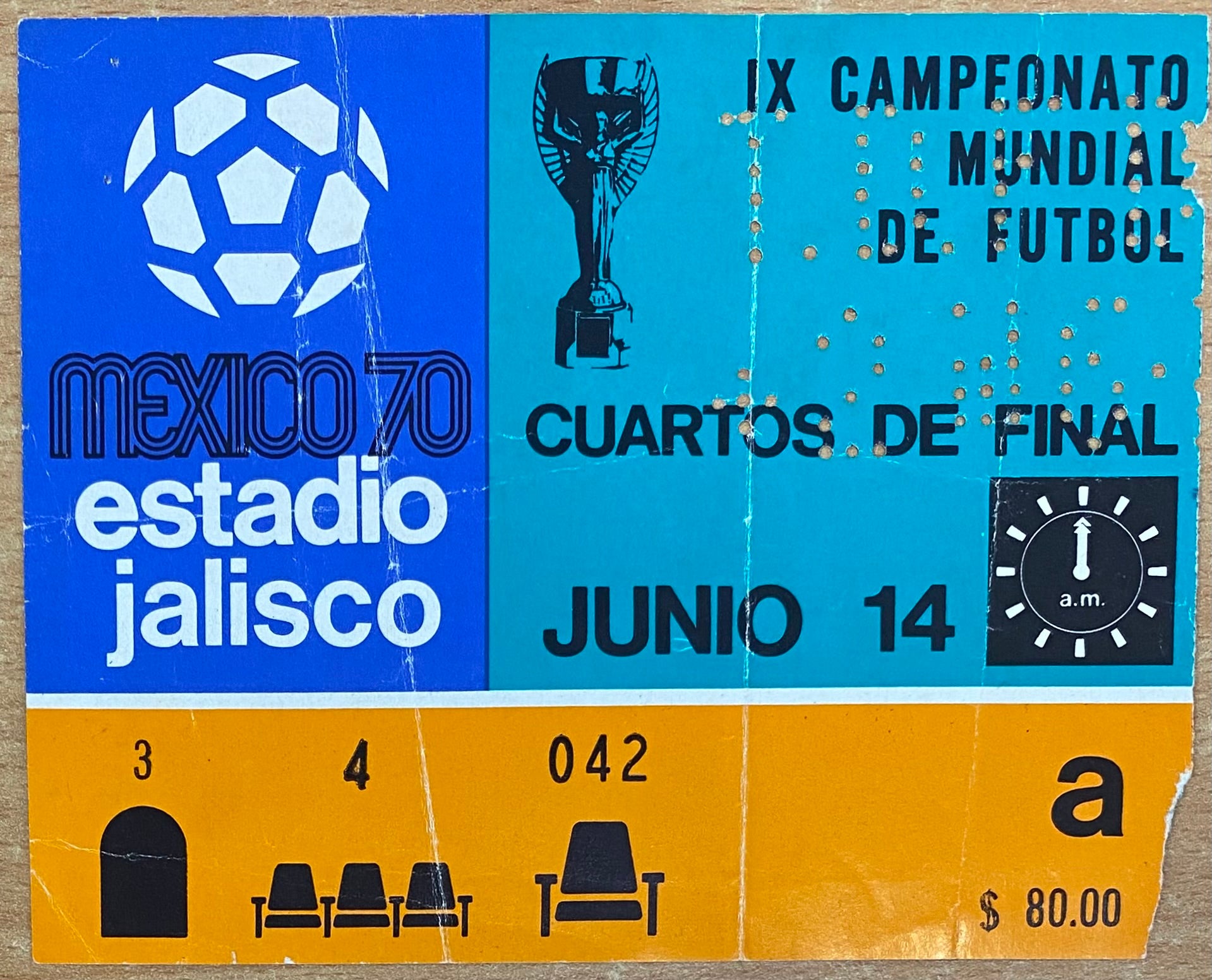 1970 ORIGINAL WORLD CUP QUARTER FINAL TICKET BRAZIL V PERU @ GUADALAJARA
