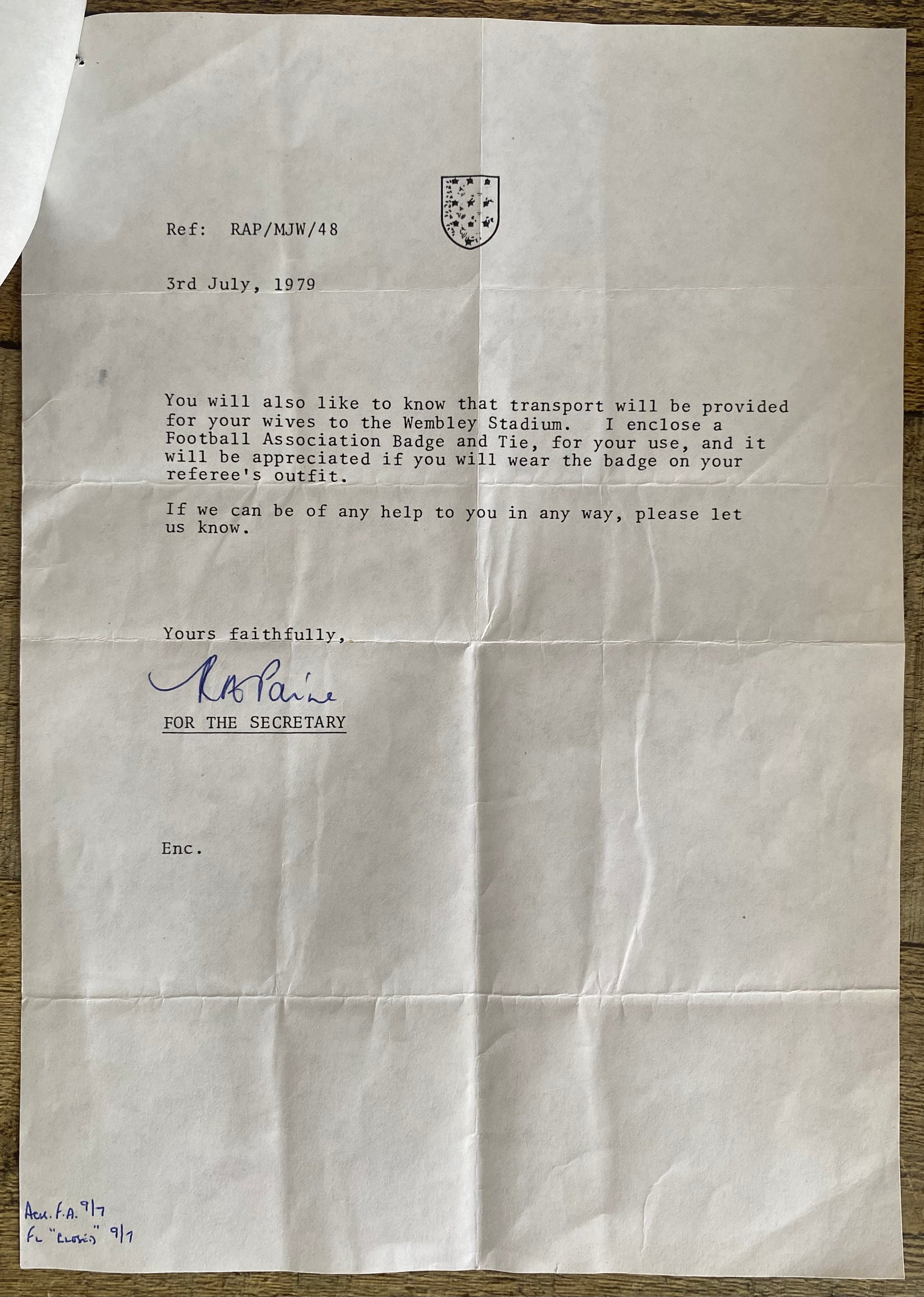 1979 ORIGINAL OFFICIAL FOOTBALL ASSOCIATION LETTER TO MATCH OFFICIALS FOR CHARITY SHIELD