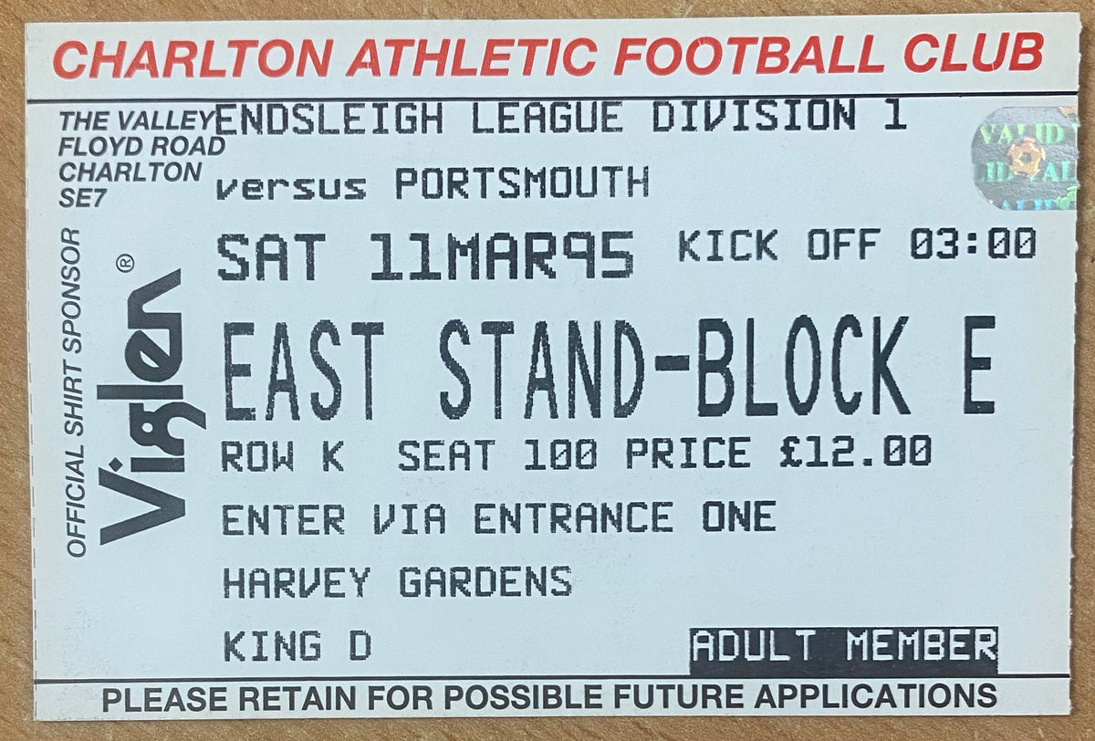 1994/95 ORIGINAL DIVISION 1 TICKET CHARLTON ATHLETIC V PORTSMOUTH
