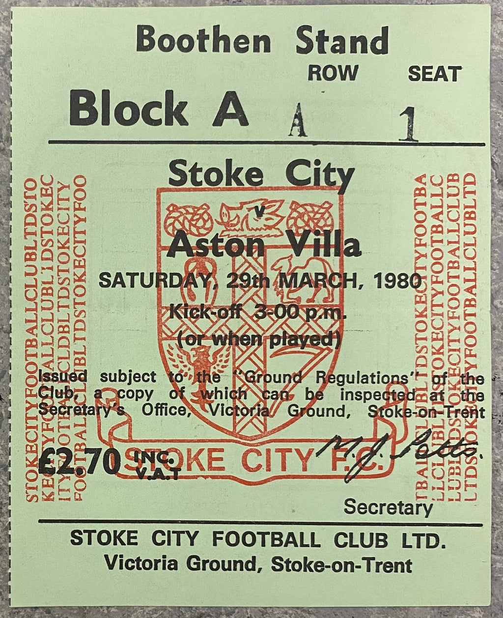 1979/80 ORIGINAL DIVISION 1 TICKET STOKE CITY V ASTON VILLA