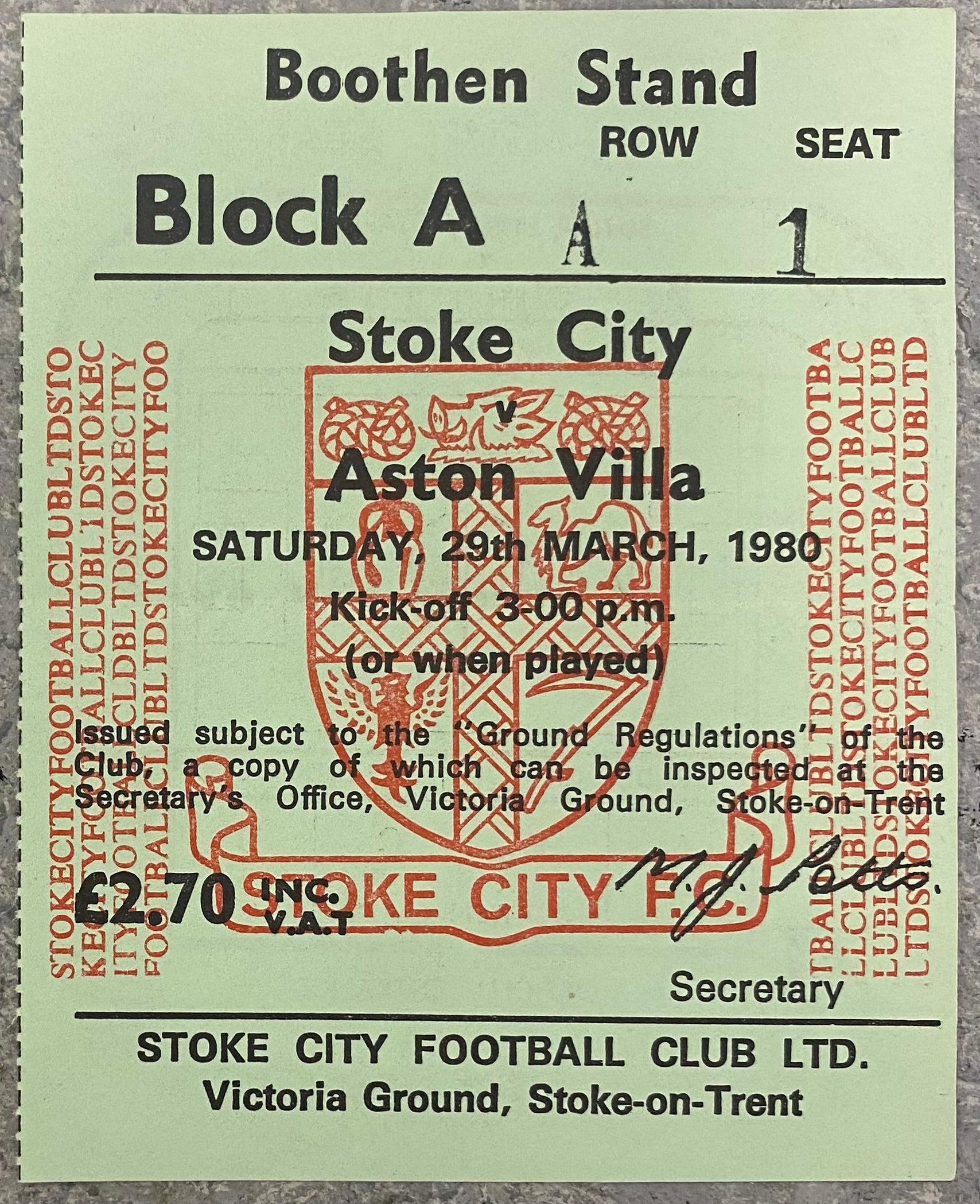1979/80 ORIGINAL DIVISION 1 TICKET STOKE CITY V ASTON VILLA