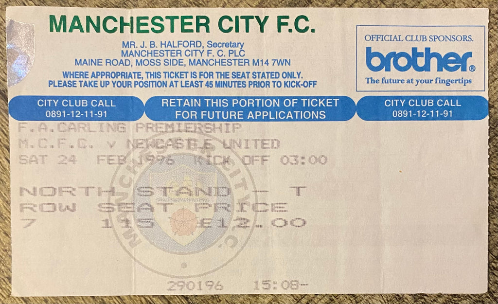 1995/96 ORIGINAL FA PREMIERSHIP TICKET MANCHESTER CITY V NEWCASTLE UNITED