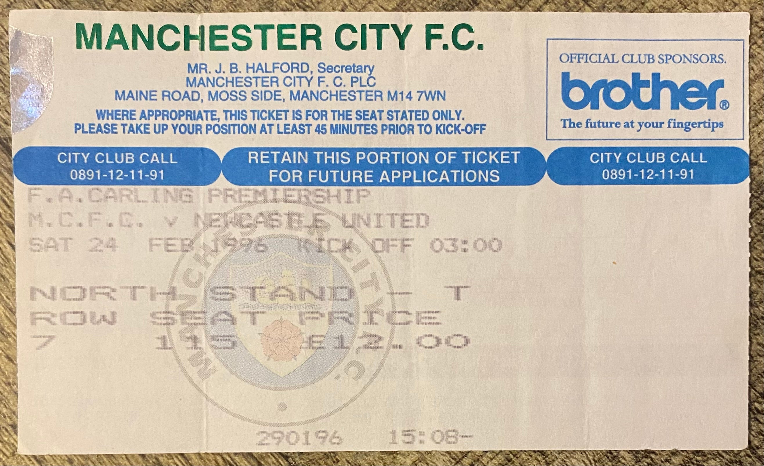 1995/96 ORIGINAL FA PREMIERSHIP TICKET MANCHESTER CITY V NEWCASTLE UNITED