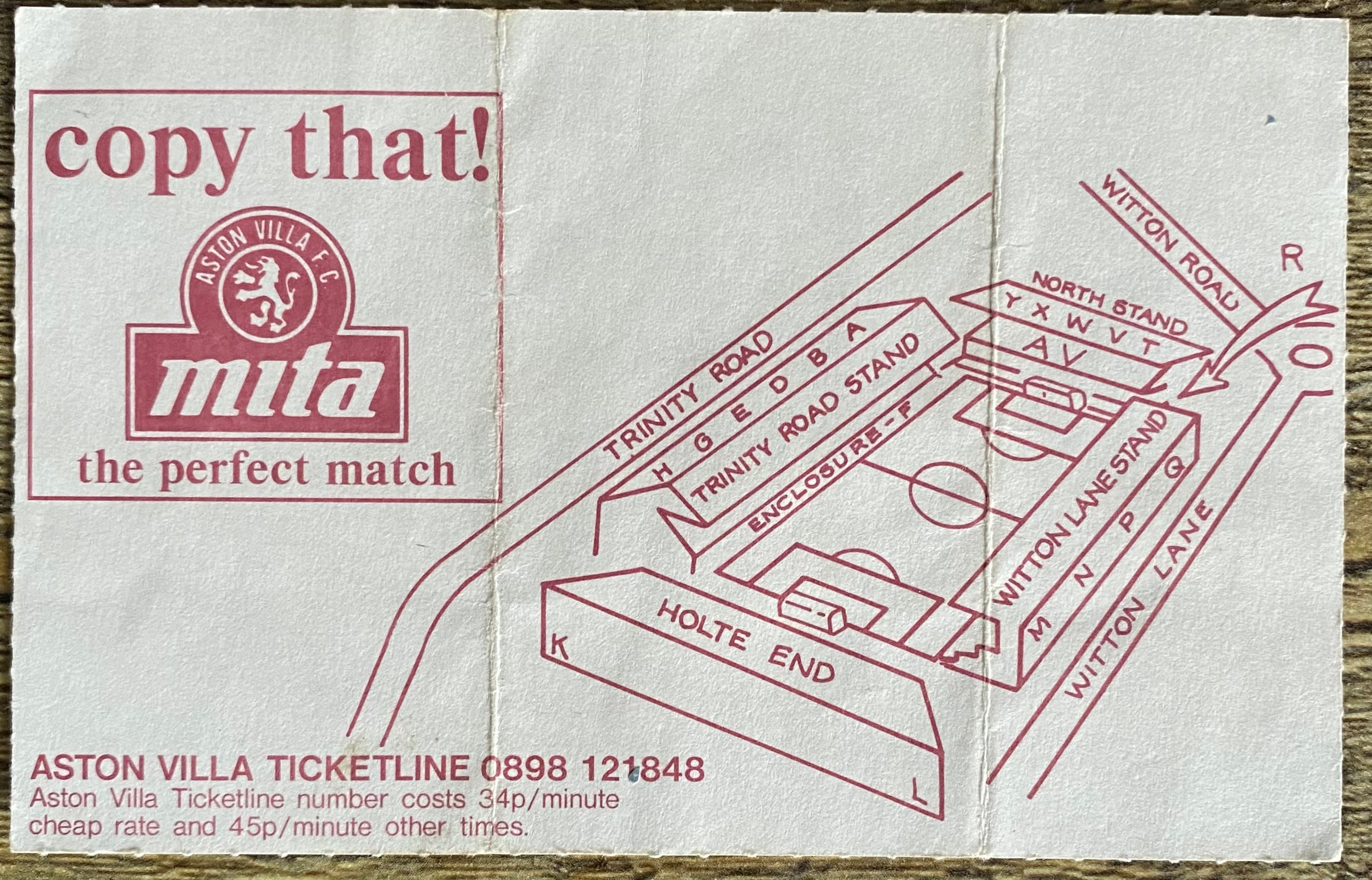 1991/92 ORIGINAL DIVISION 1 TICKET ASTON VILLA V NOTTS COUNTY
