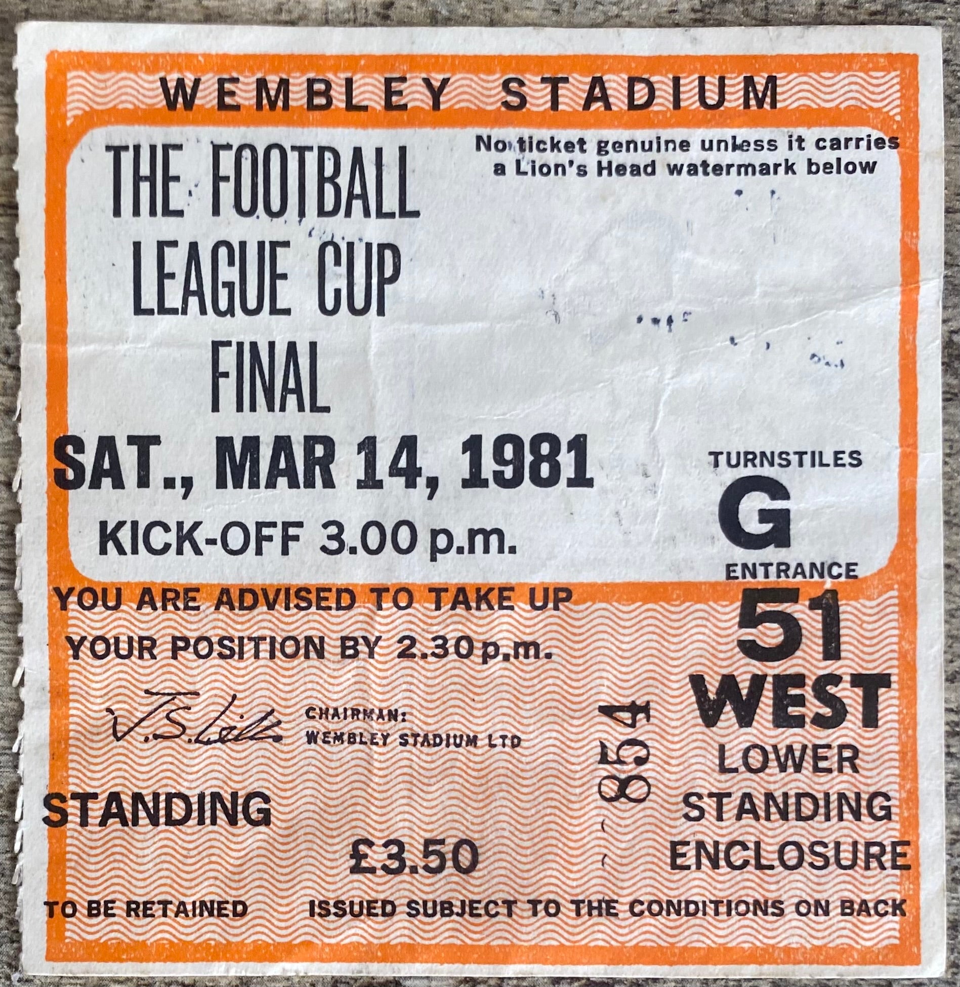 1981 ORIGINAL LEAGUE CUP FINAL TICKET LIVERPOOL V WEST HAM UNITED