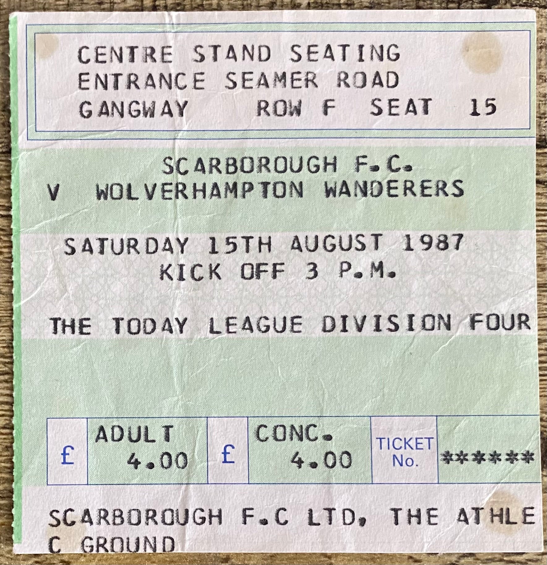 1987/88 ORIGINAL DIVISION 4 TICKET SCARBOROUGH V WOLVERHAMPTON WANDERERS