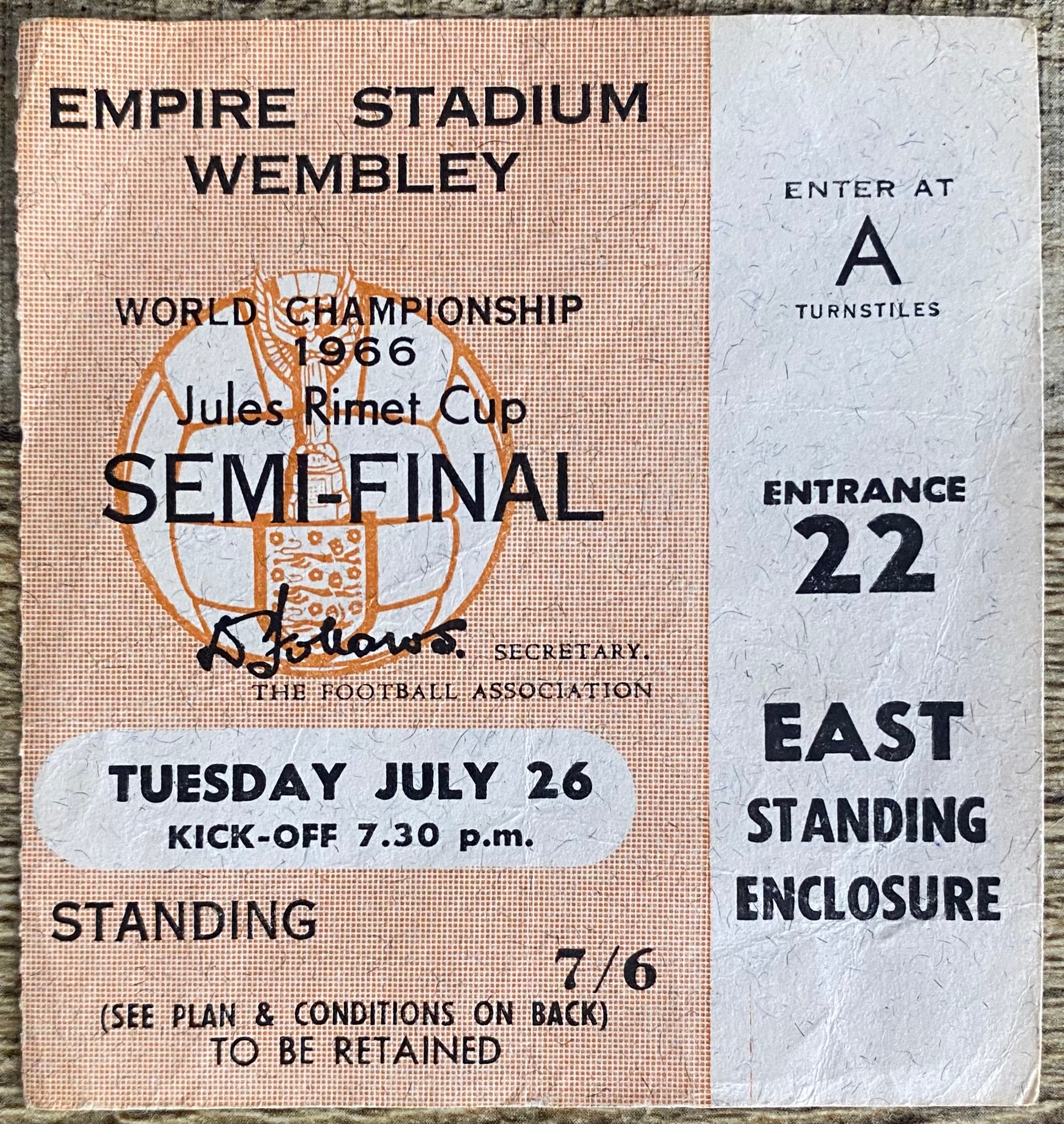 1966 ORIGINAL WORLD CUP SEMI FINAL TICKET ENGLAND V PORTUGAL @ WEMBLEY