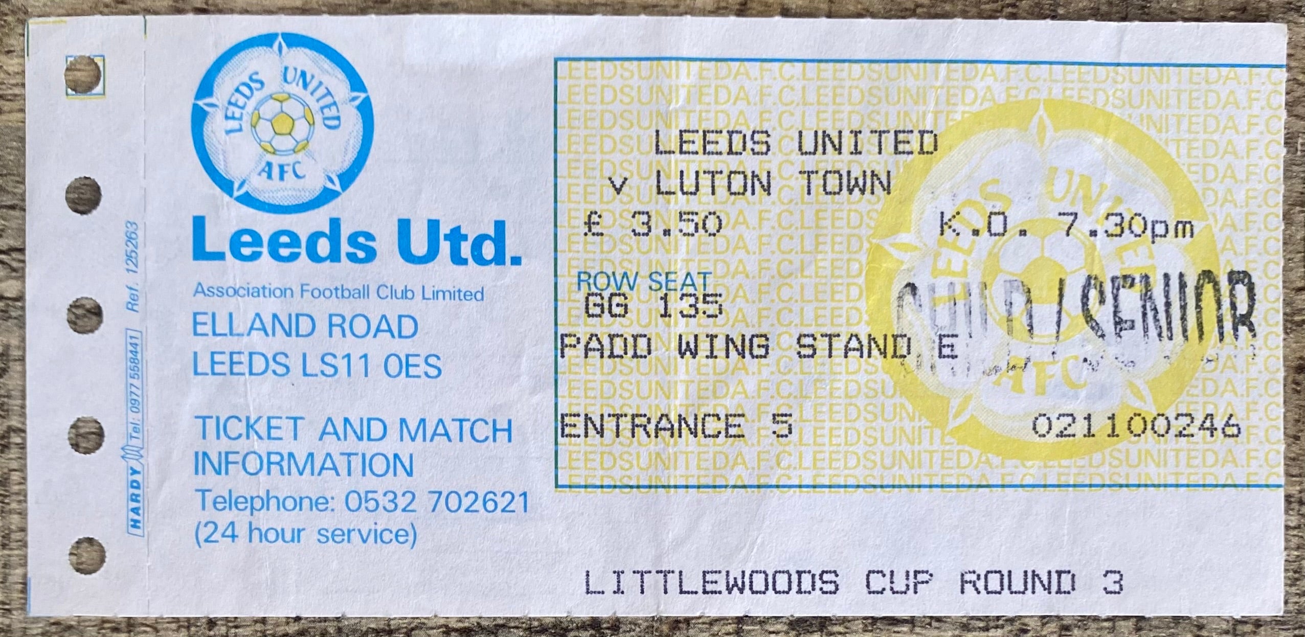 1988/89 ORIGINAL LITTLEWOODS CUP 3RD ROUND TICKET LEEDS UNITED V LUTON TOWN