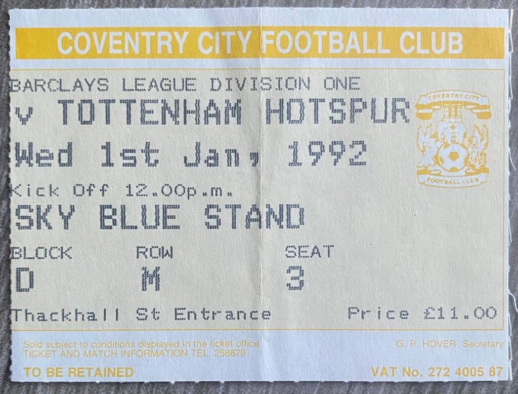 1991/92 ORIGINAL DIVISION 1 TICKET COVENTRY CITY V TOTTENHAM HOTSPUR